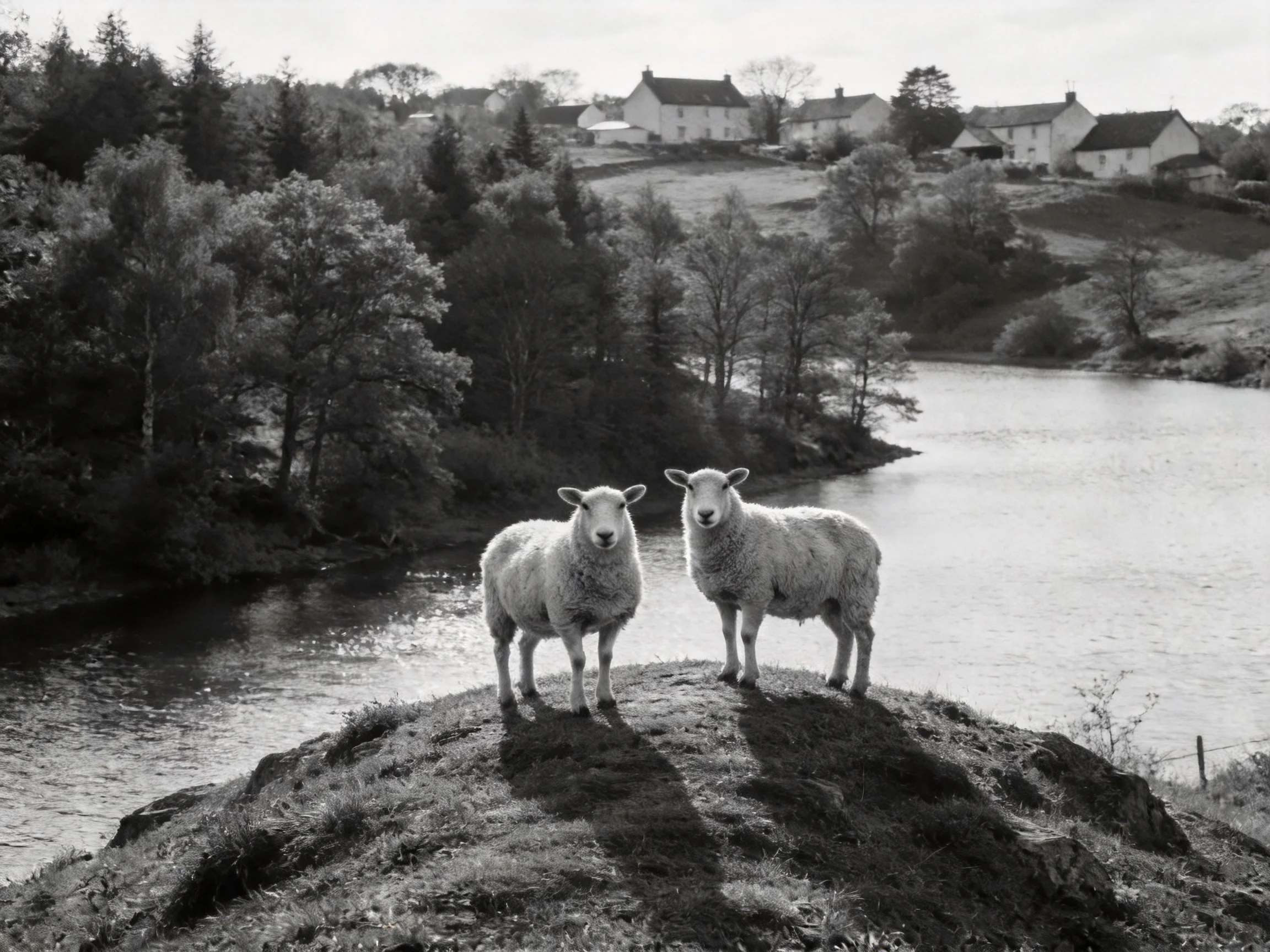 Two sheep stand on a grassy hill beside a winding river with rural homes