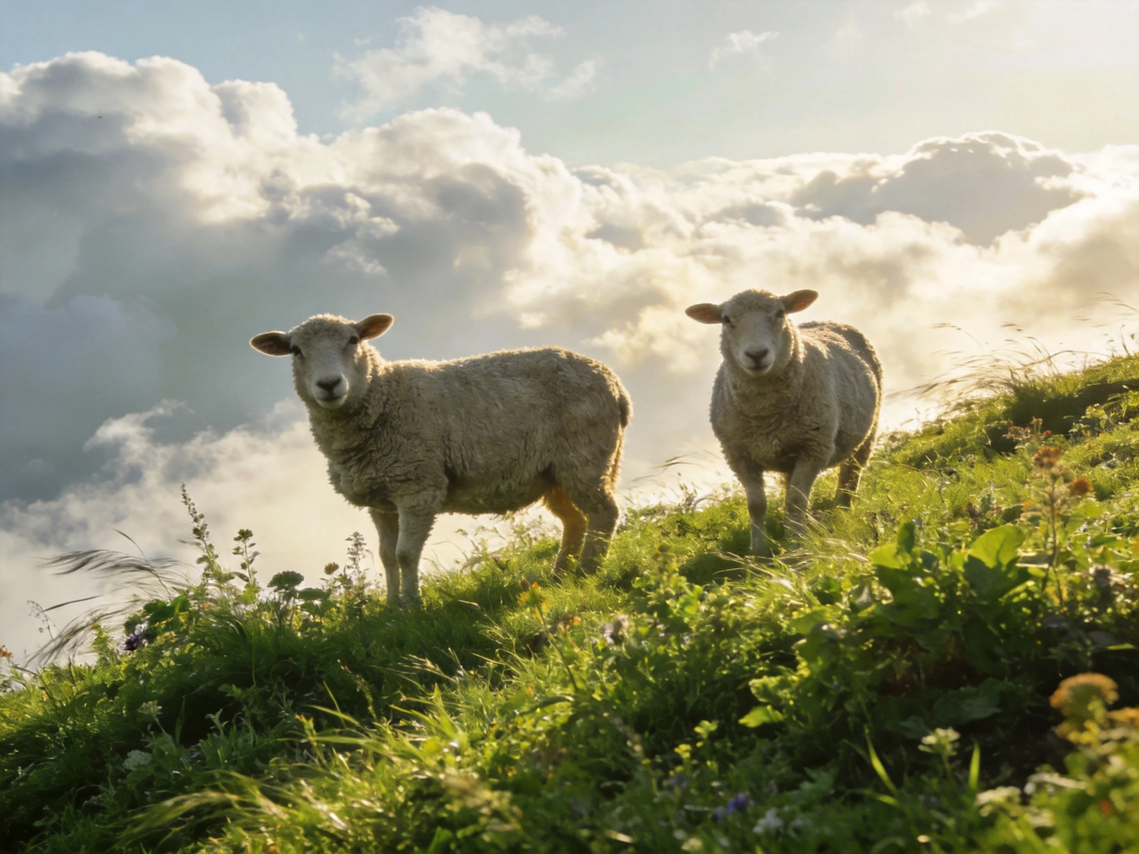 Two sheep stand on a lush green hillside amid fluffy white clouds