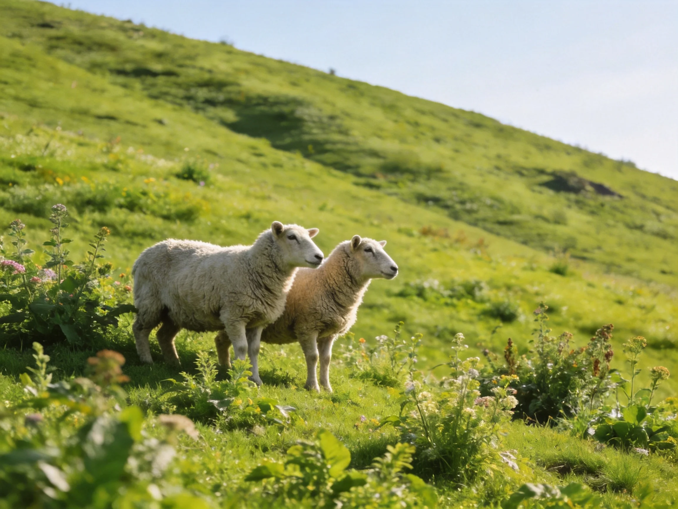 Two sheep stand on a lush green hillside with wildflowers
