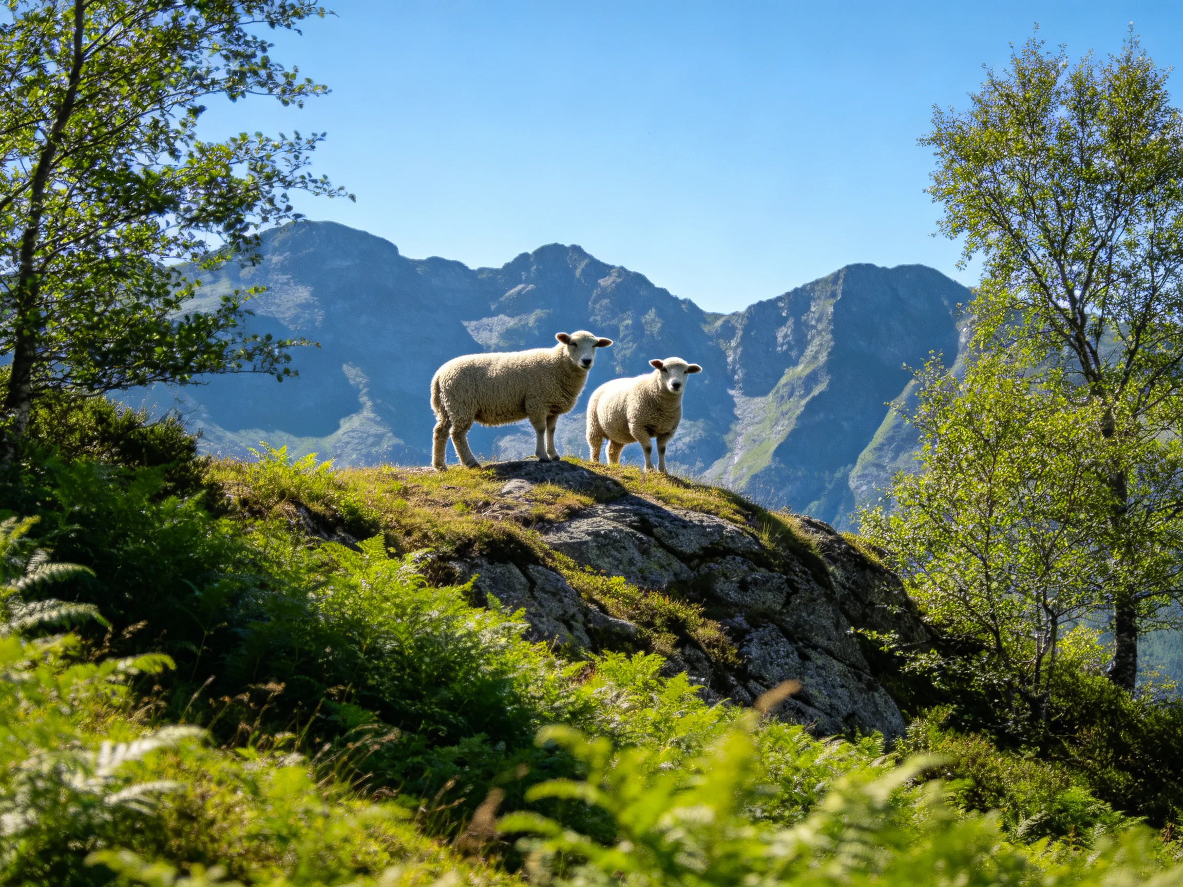 Two sheep stand on a mossy rocky hill with lush greenery and distant mountains