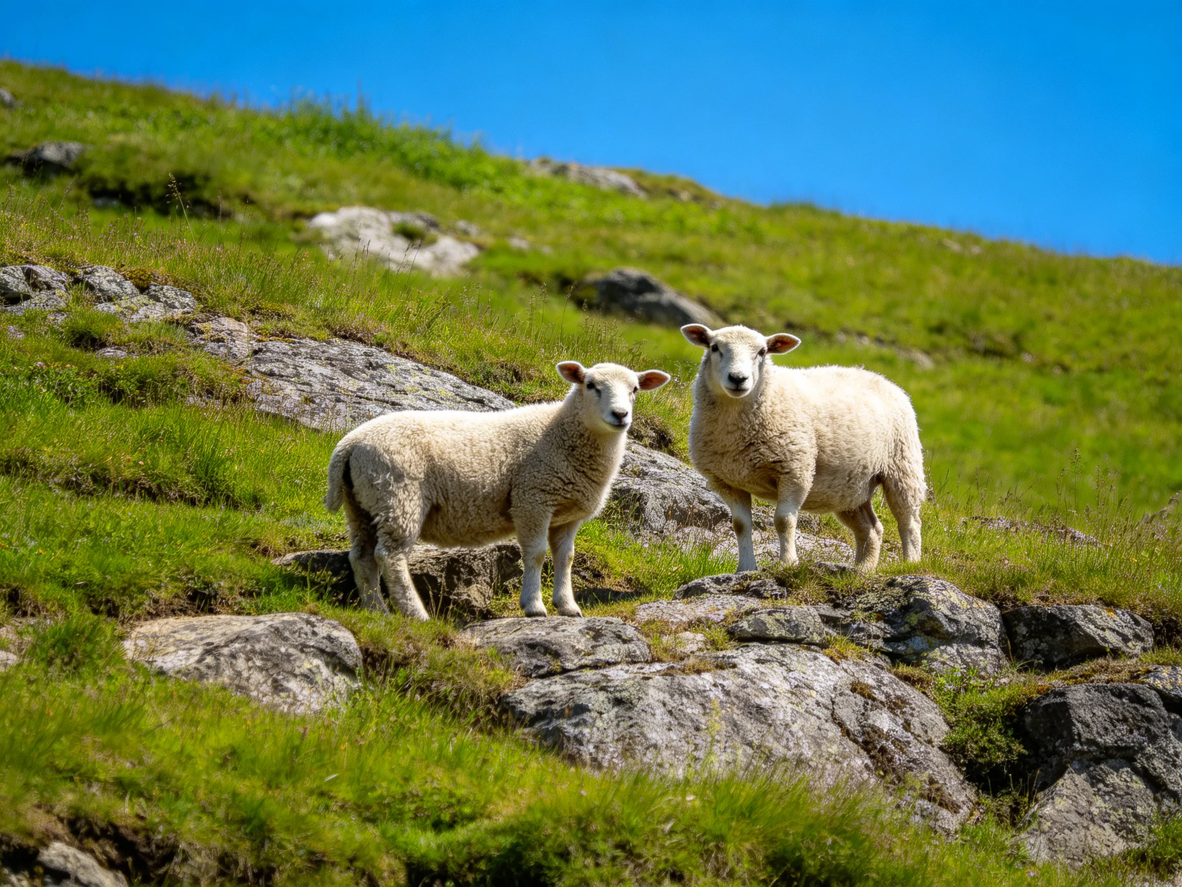 Two sheep stand on a rocky green hillside under bright blue sky