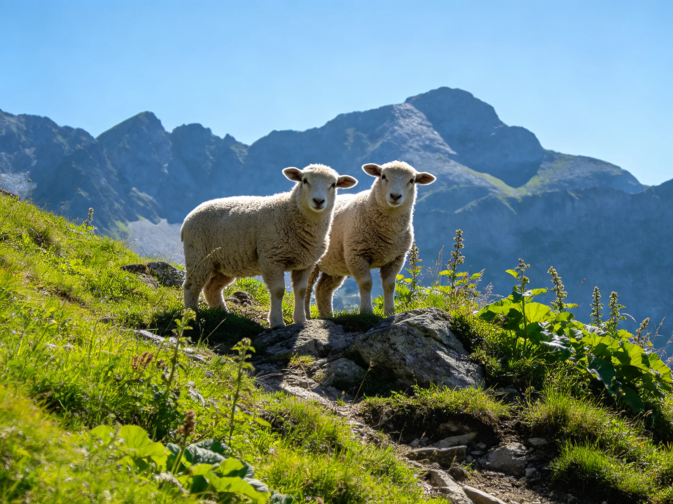 Two sheep stand on a rocky hillside with greenery and distant mountains
