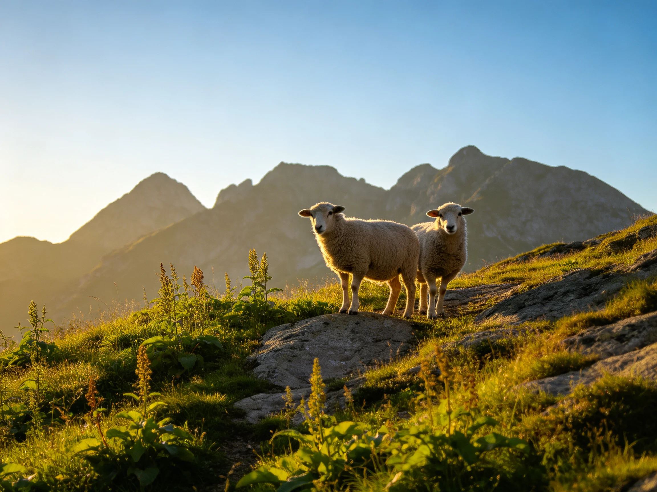 Two sheep stand on a rocky hillside with misty mountains behind.