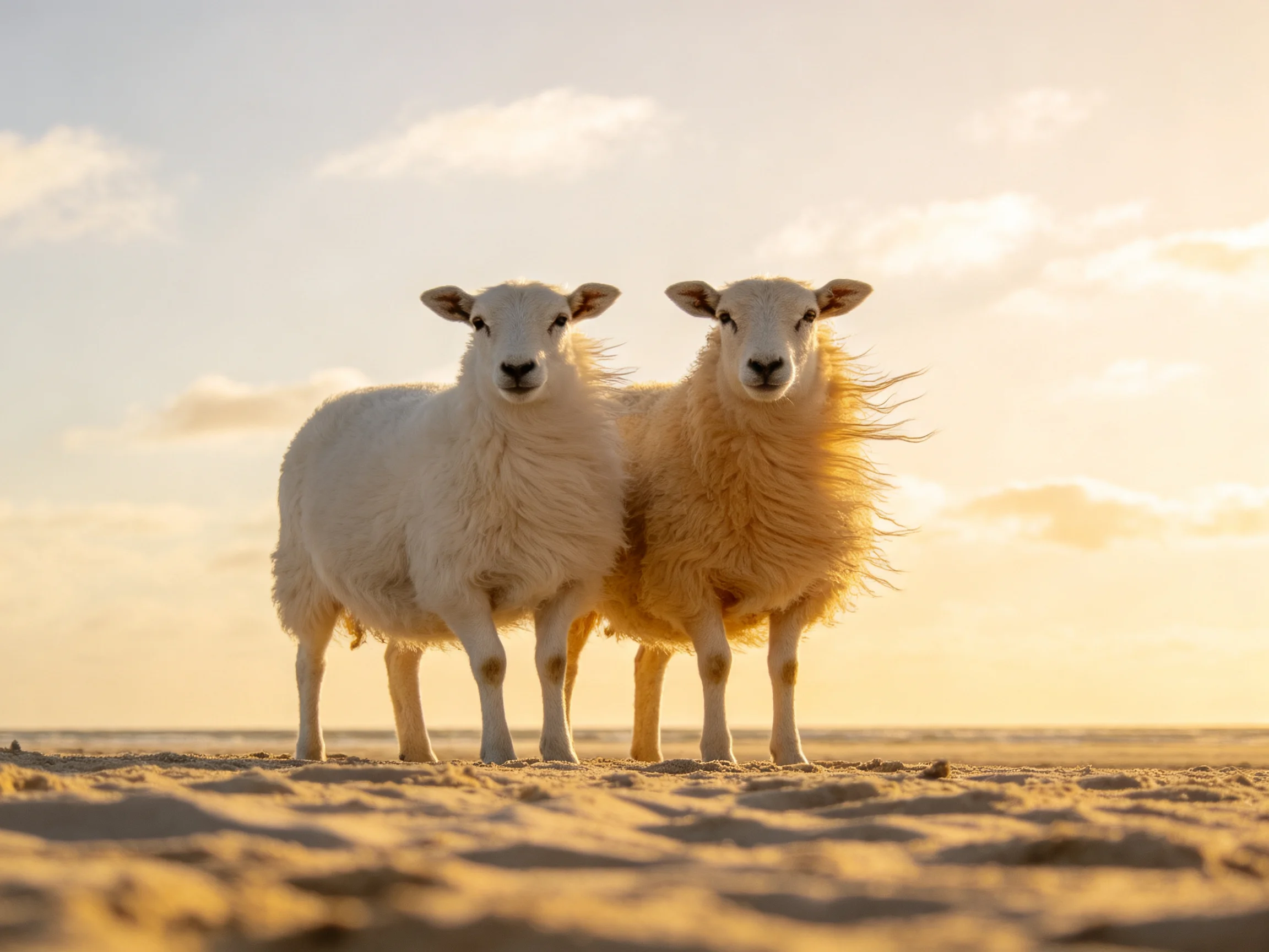 Two sheep stand on a sandy beach in golden light