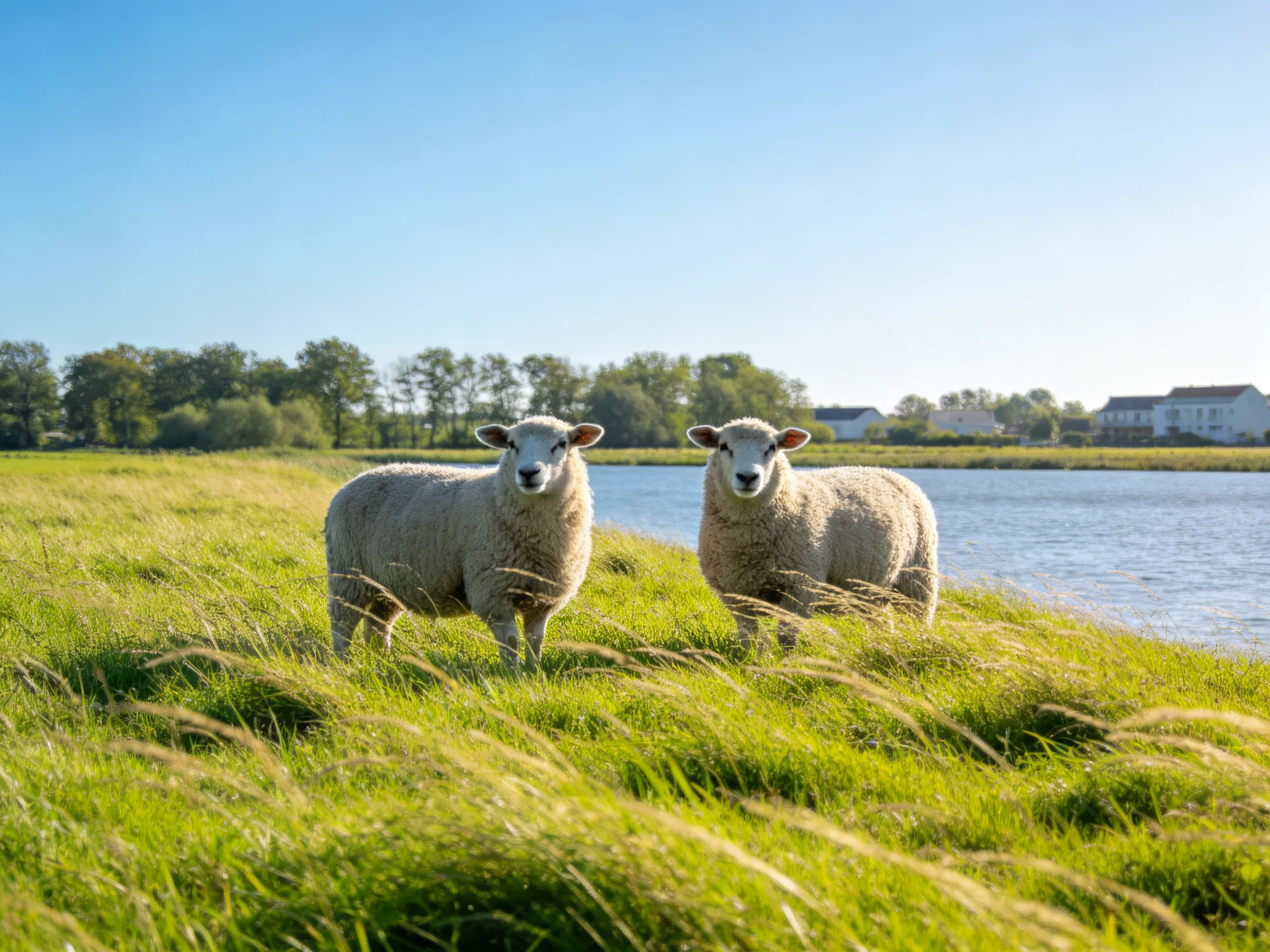 Two sheep stand on lush grass by a calm river