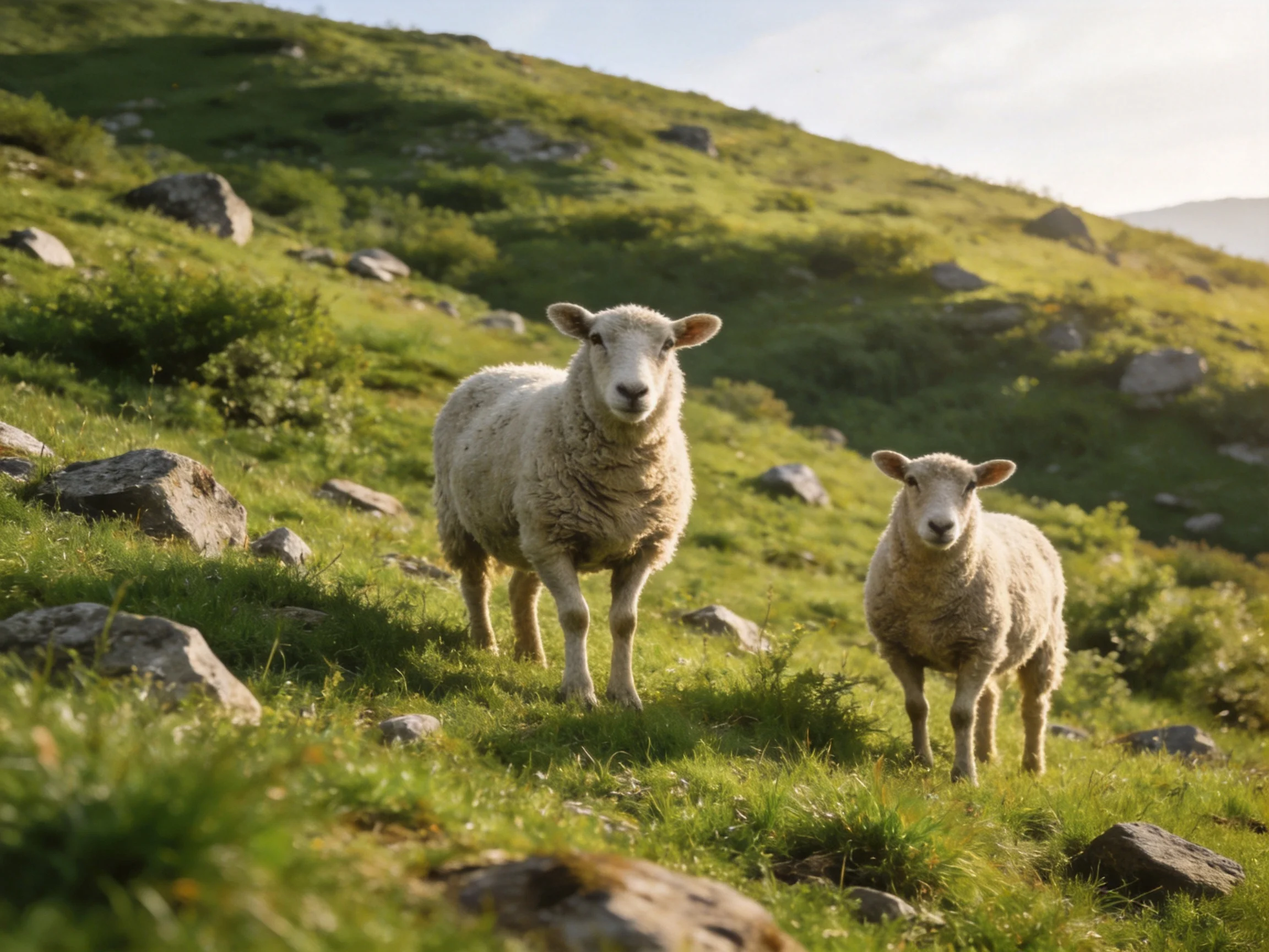 Two sheep standing on a lush green hillside with scattered rocks