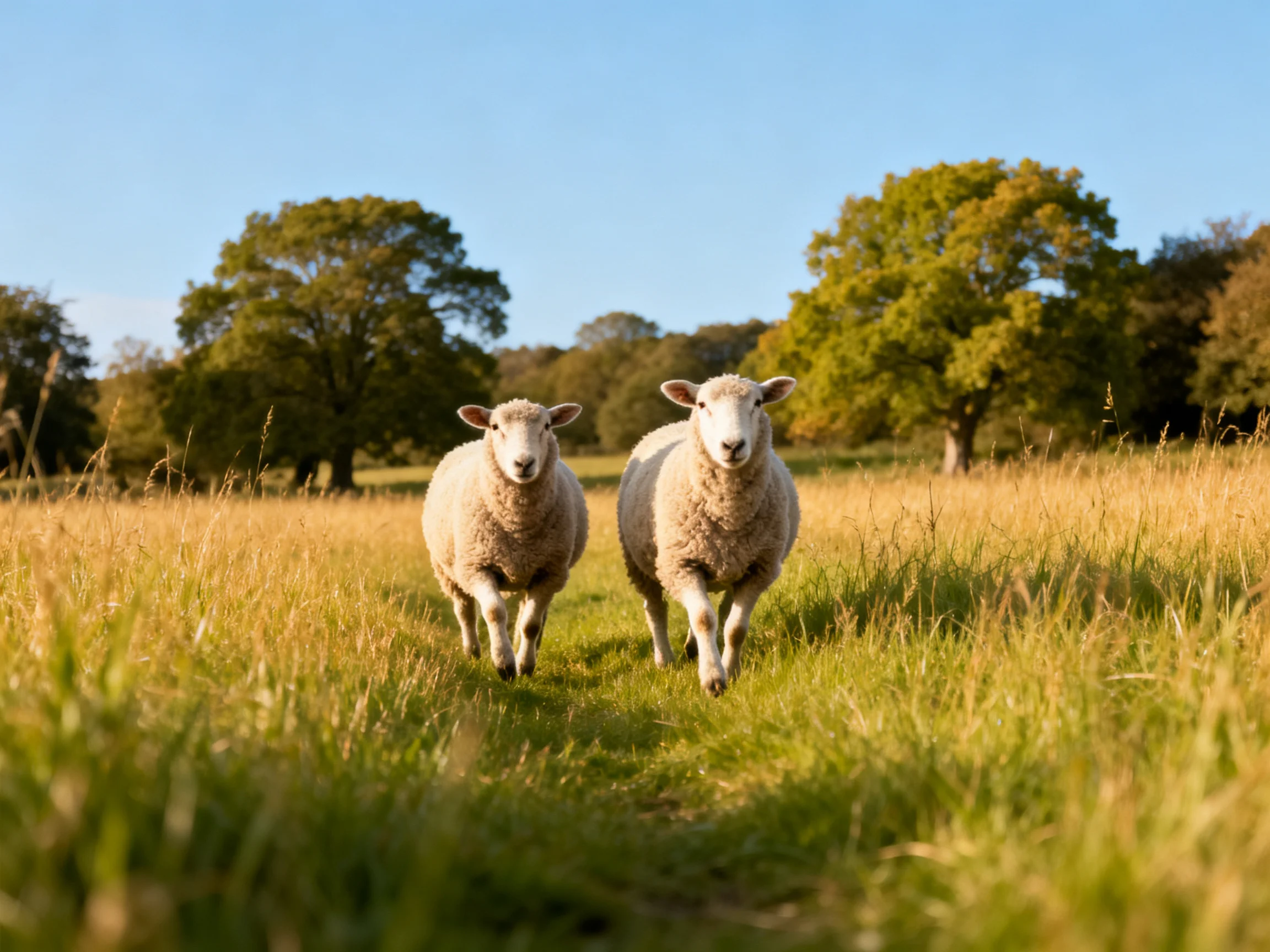 Two sheep stroll through golden grass beside lush trees