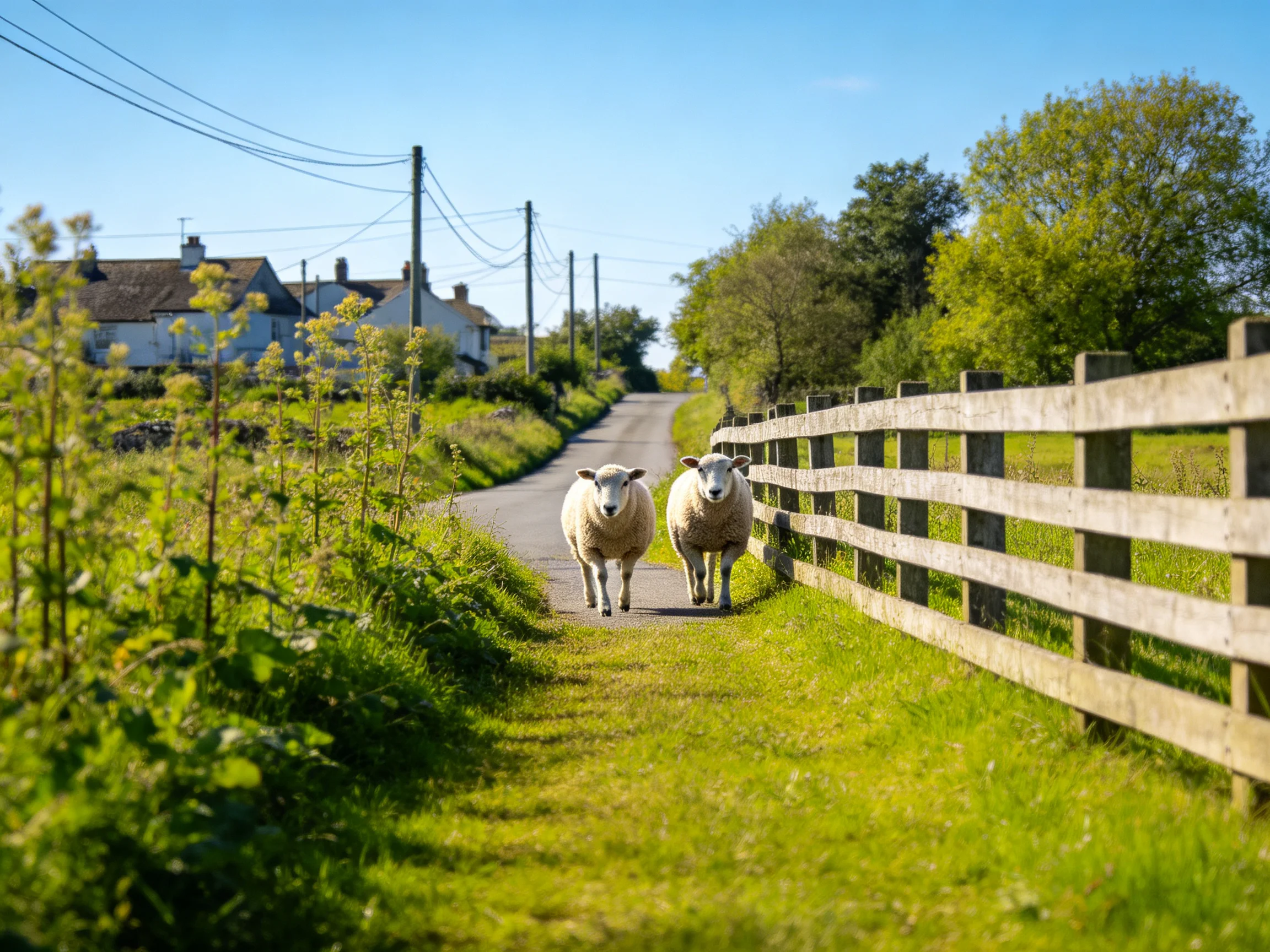 Two sheep walk down a sunlit country lane