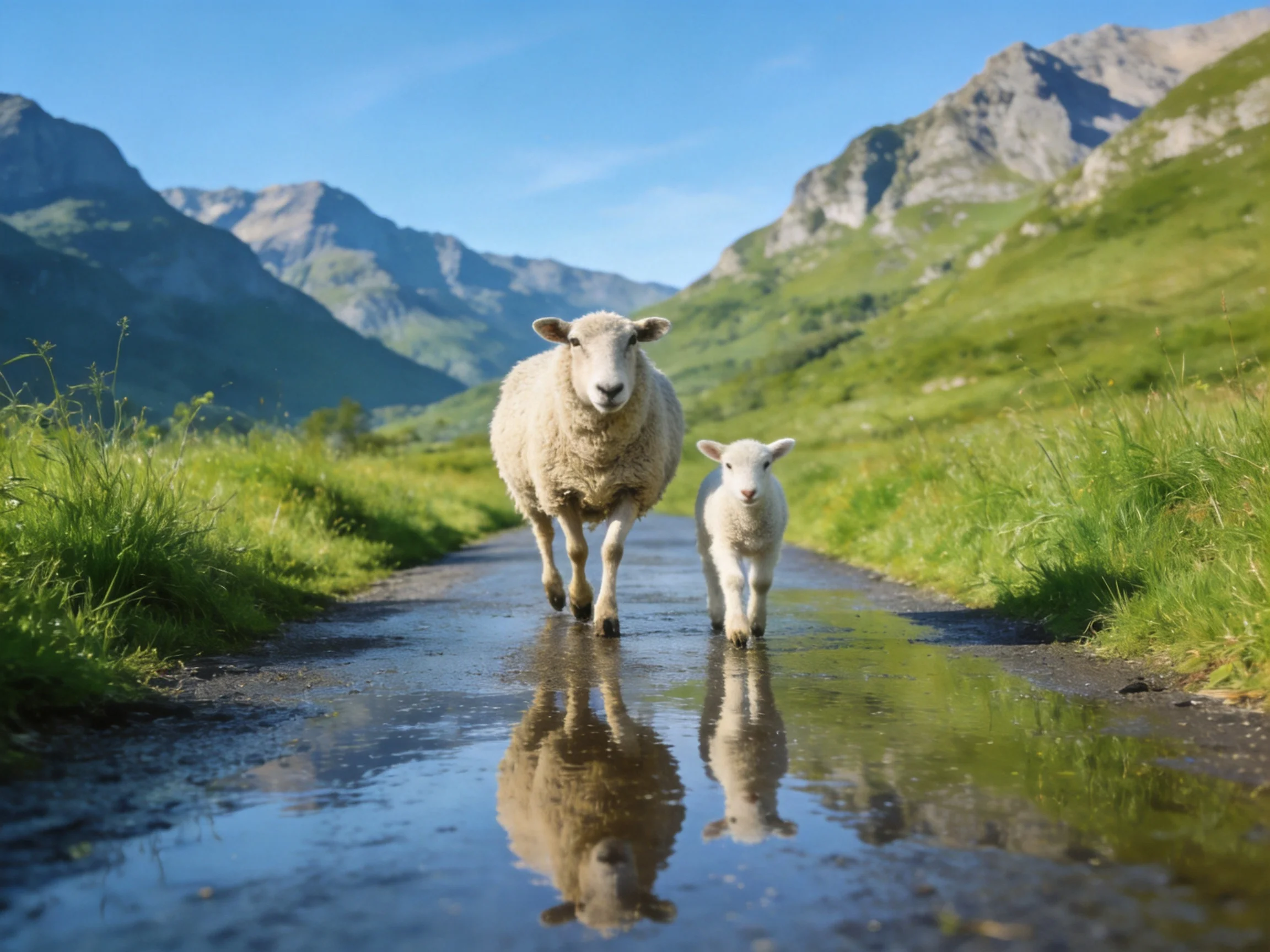 Two sheep walk on a reflective wet path beside green mountains