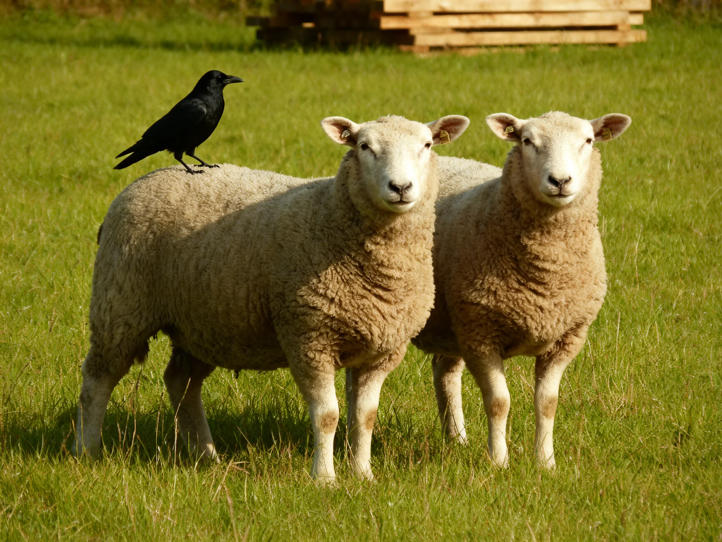 Two sheep with a black crow perch in green pasture