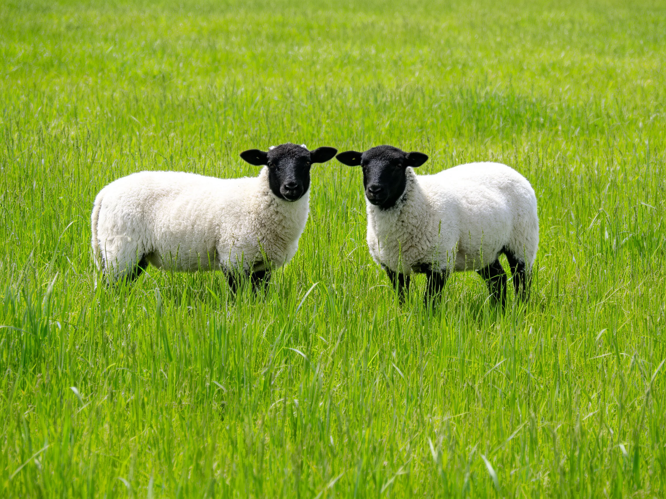 Two sheep with black faces in tall green grass