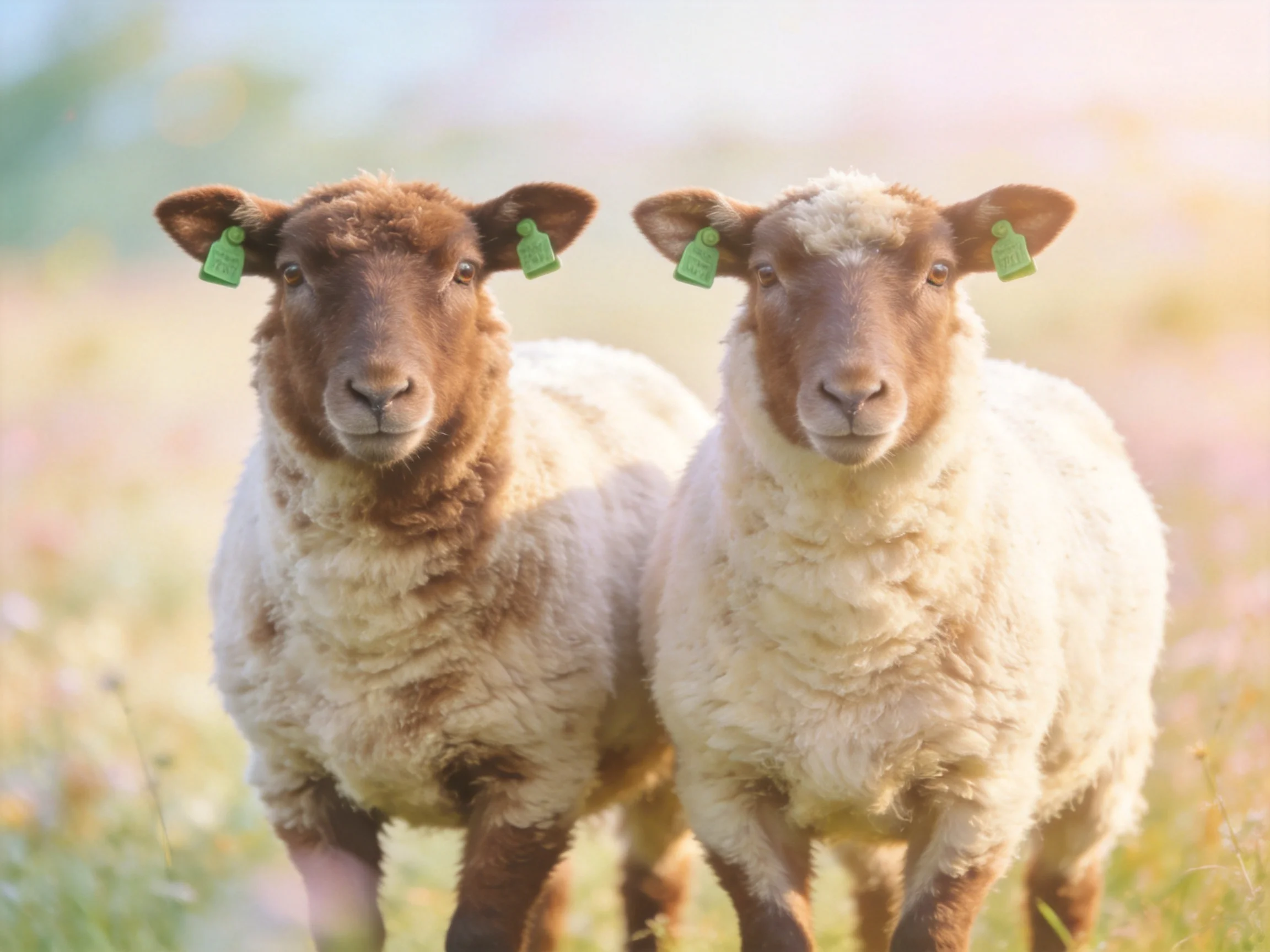 Two sheep with brown faces and white wool stand in a sunlit meadow