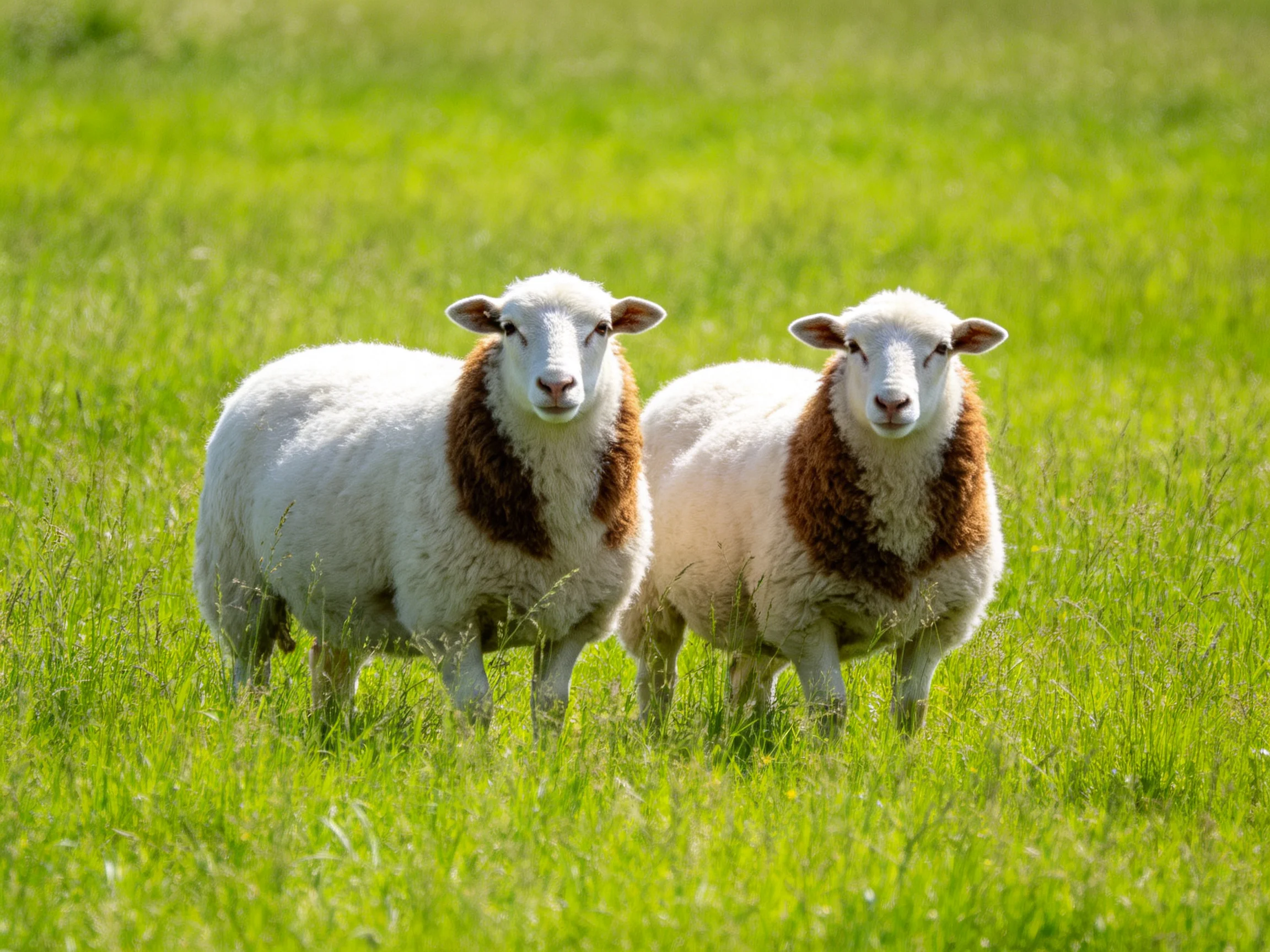 Two sheep with brown neck patches in a lush green meadow