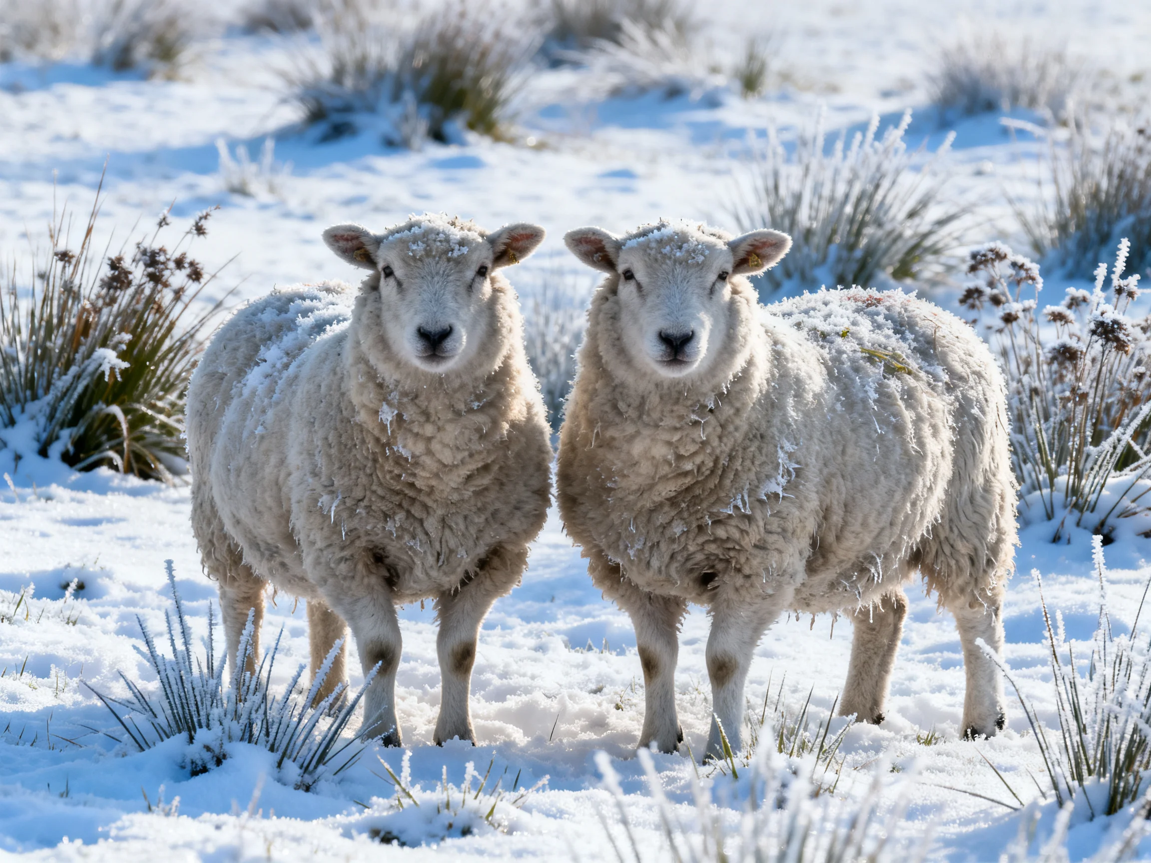 Two sheep with frosty coats in a snowy landscape with vegetation