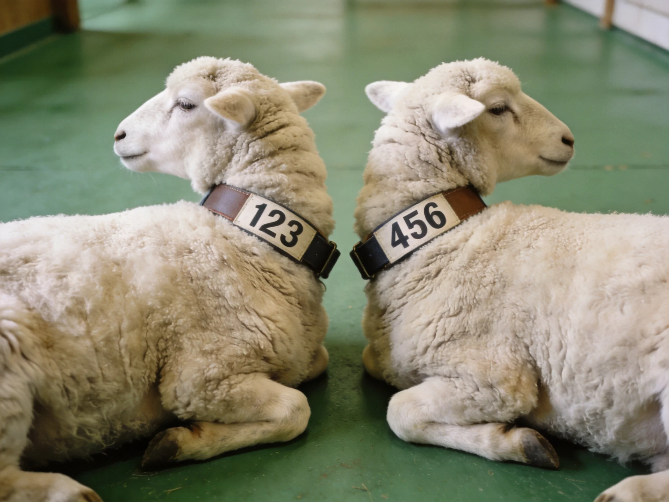Two sheep with numbered collars rest on green flooring.