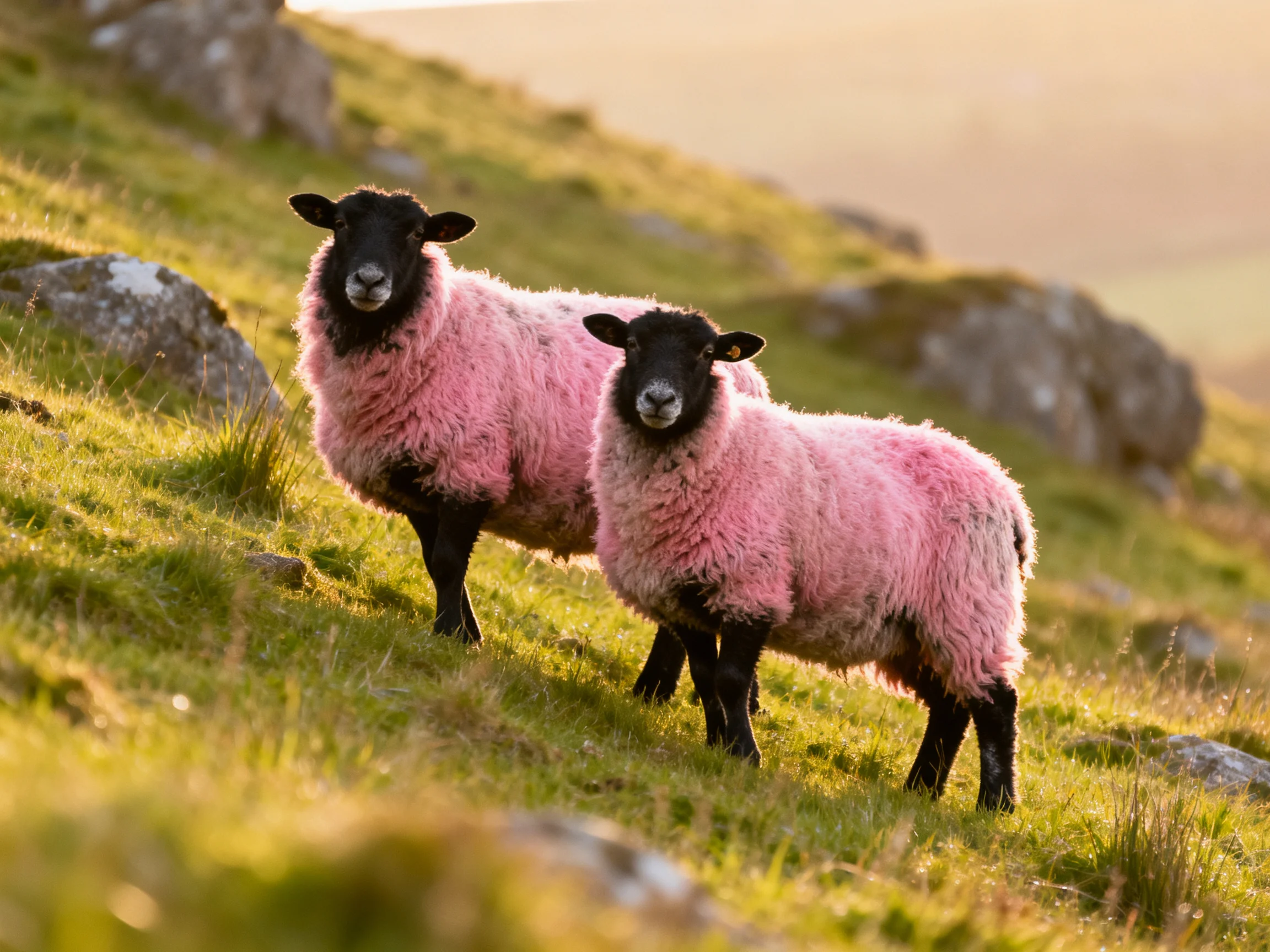 Two sheep with pink wool stand on a grassy hillside near rocks