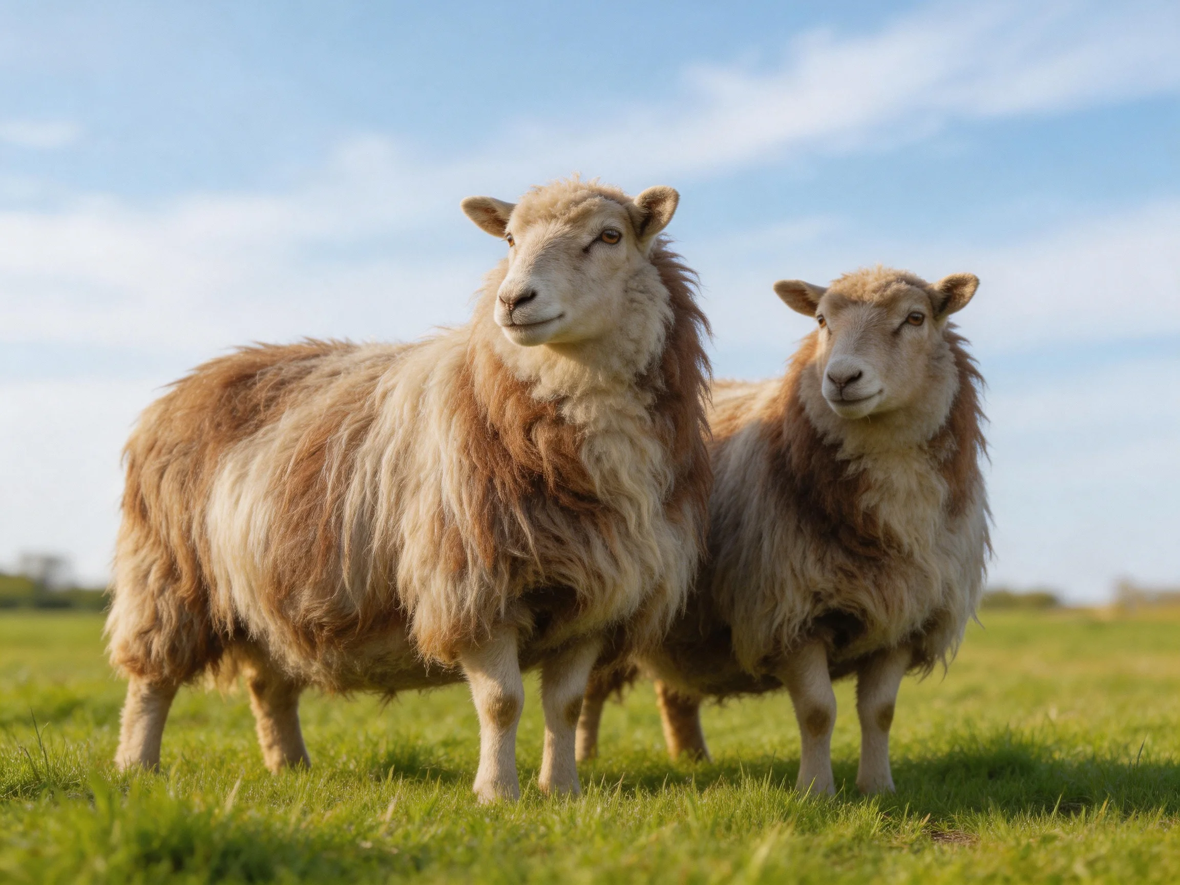 Two sheep with shaggy brown and white coats in a green meadow