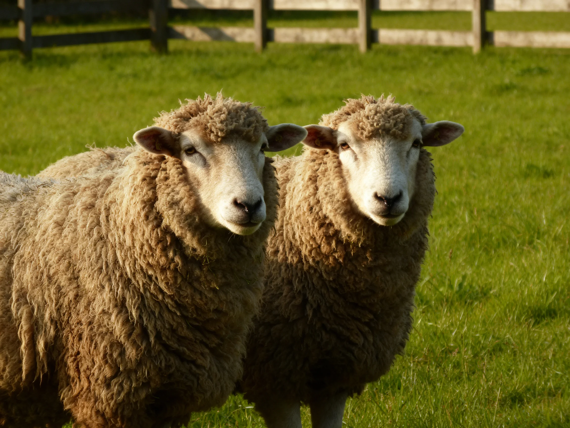 Two sheep with thick brown wool in a green pasture near a wooden fence