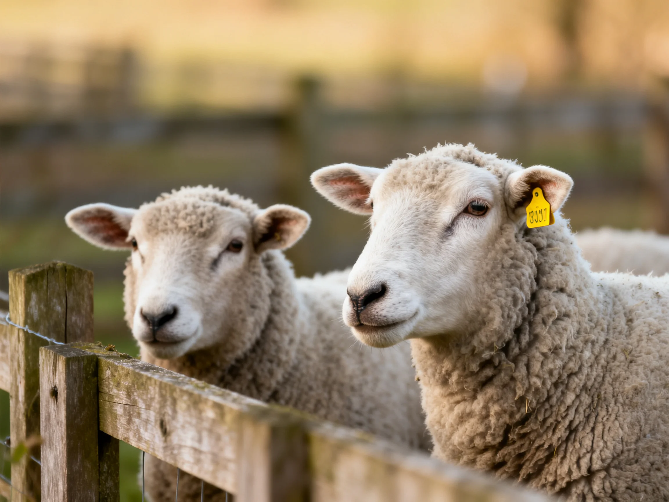 Two sheep with thick white wool beside an aged wooden fence
