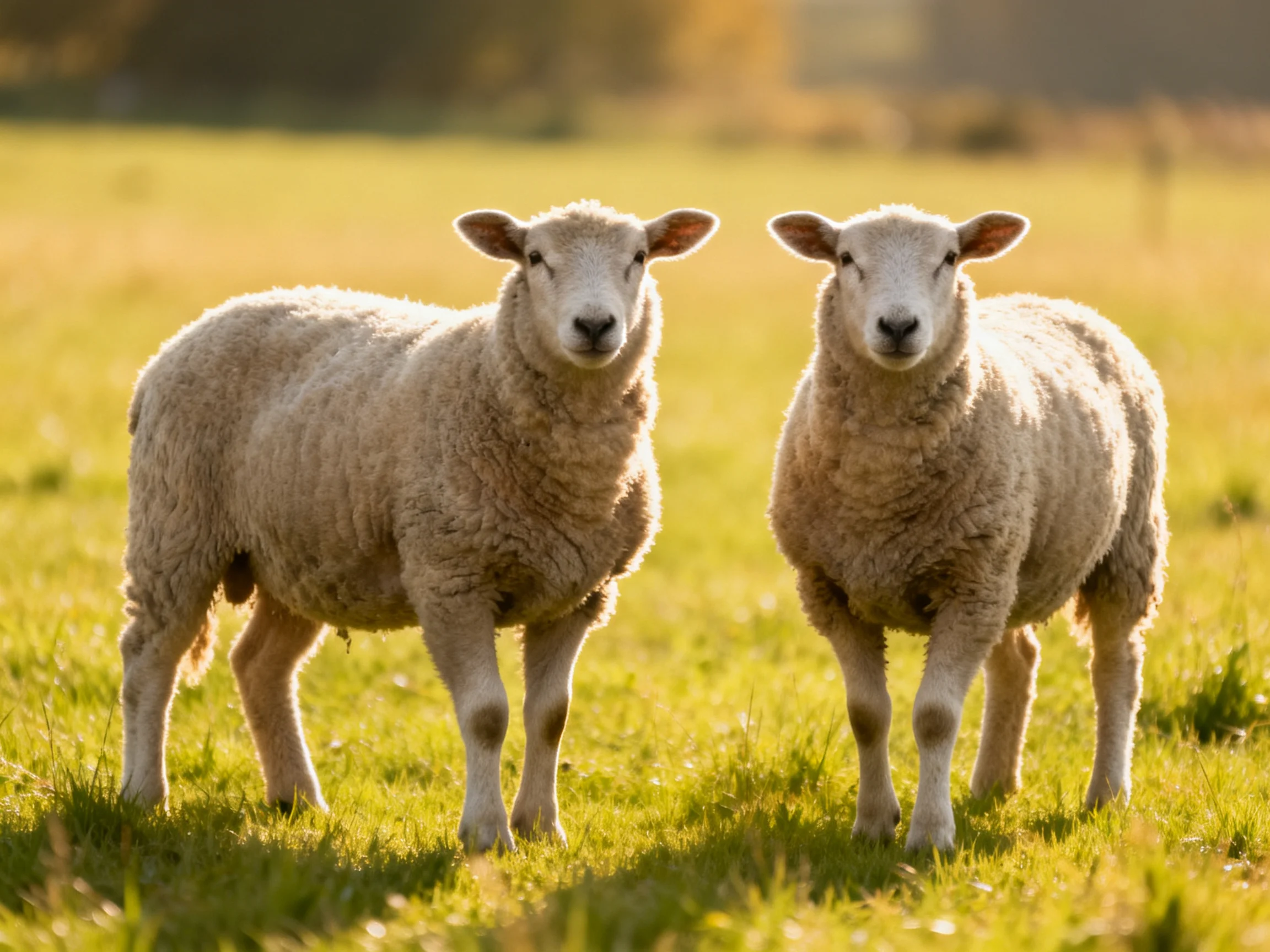 Two sheep with thick wool coats in a sunlit green field