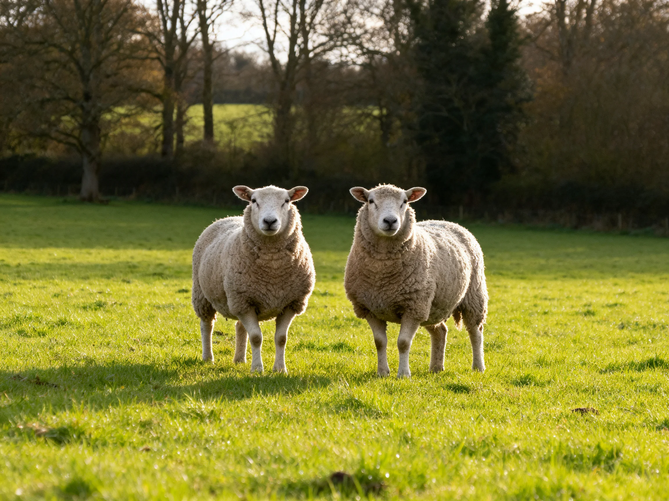 Two sheep with thick wool coats in a sunlit green pasture