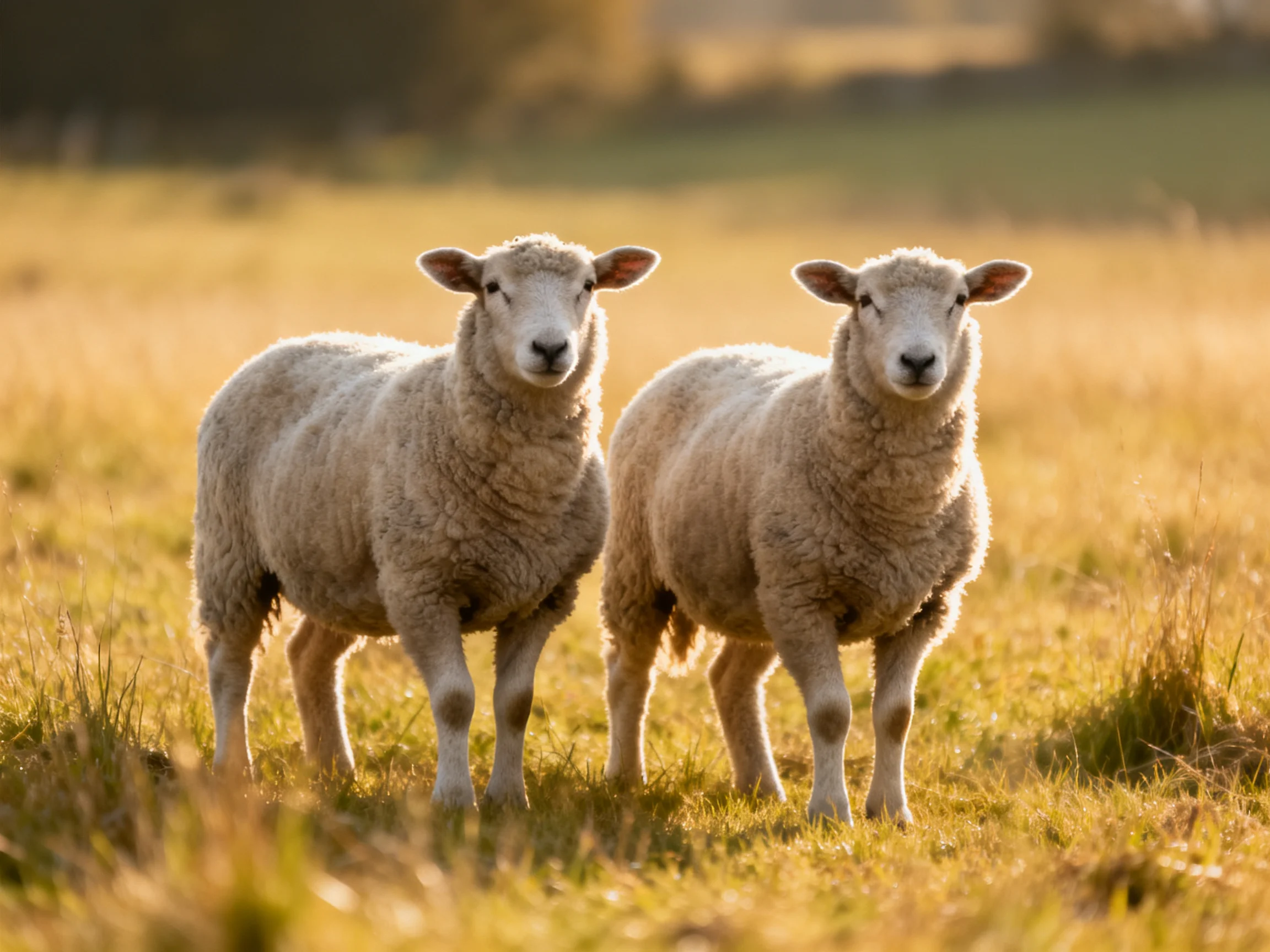 Two sheep with thick wool coats in a sunlit open field