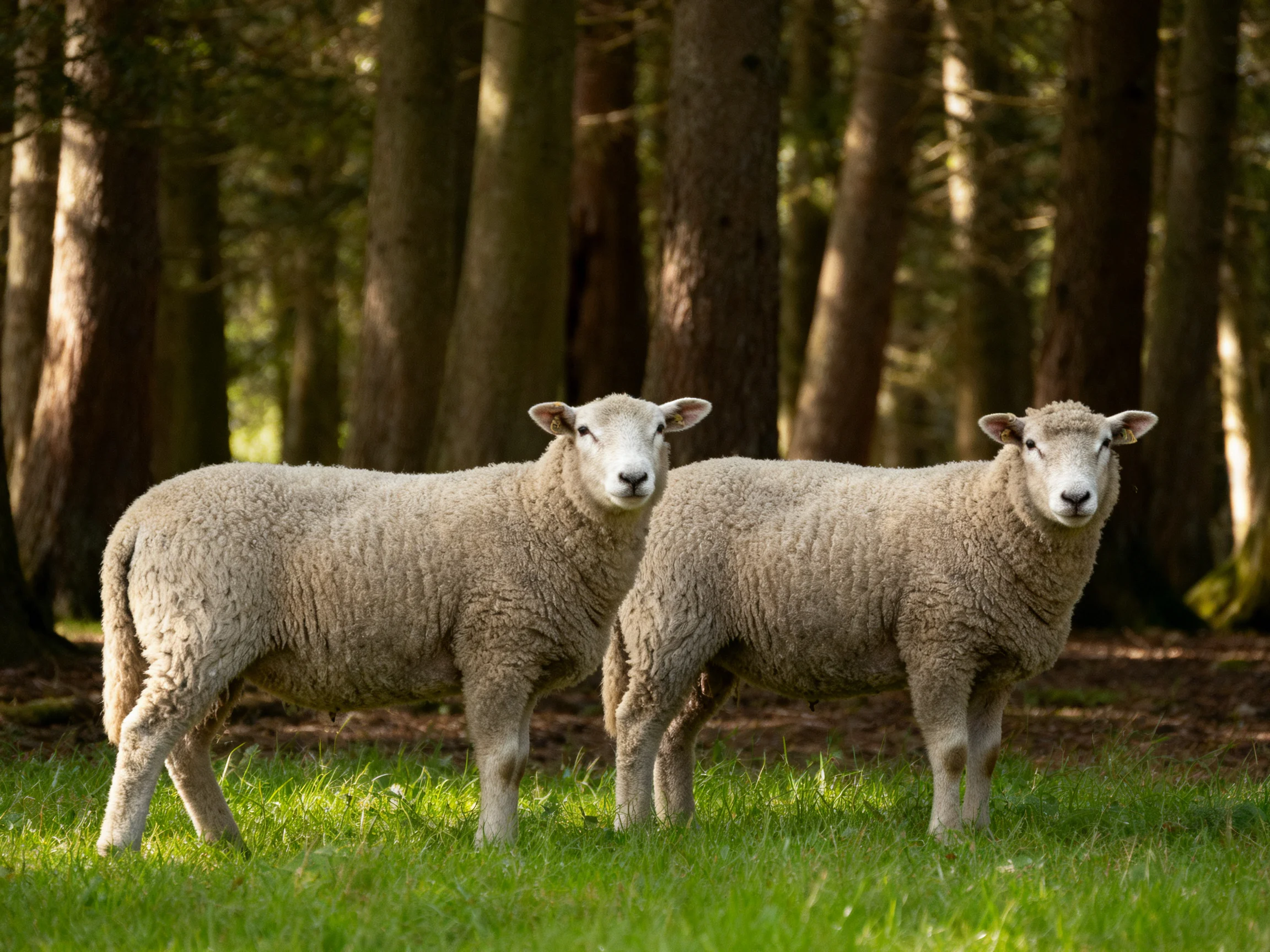 Two sheep with thick wool coats stand on lush green grass amid tall trees