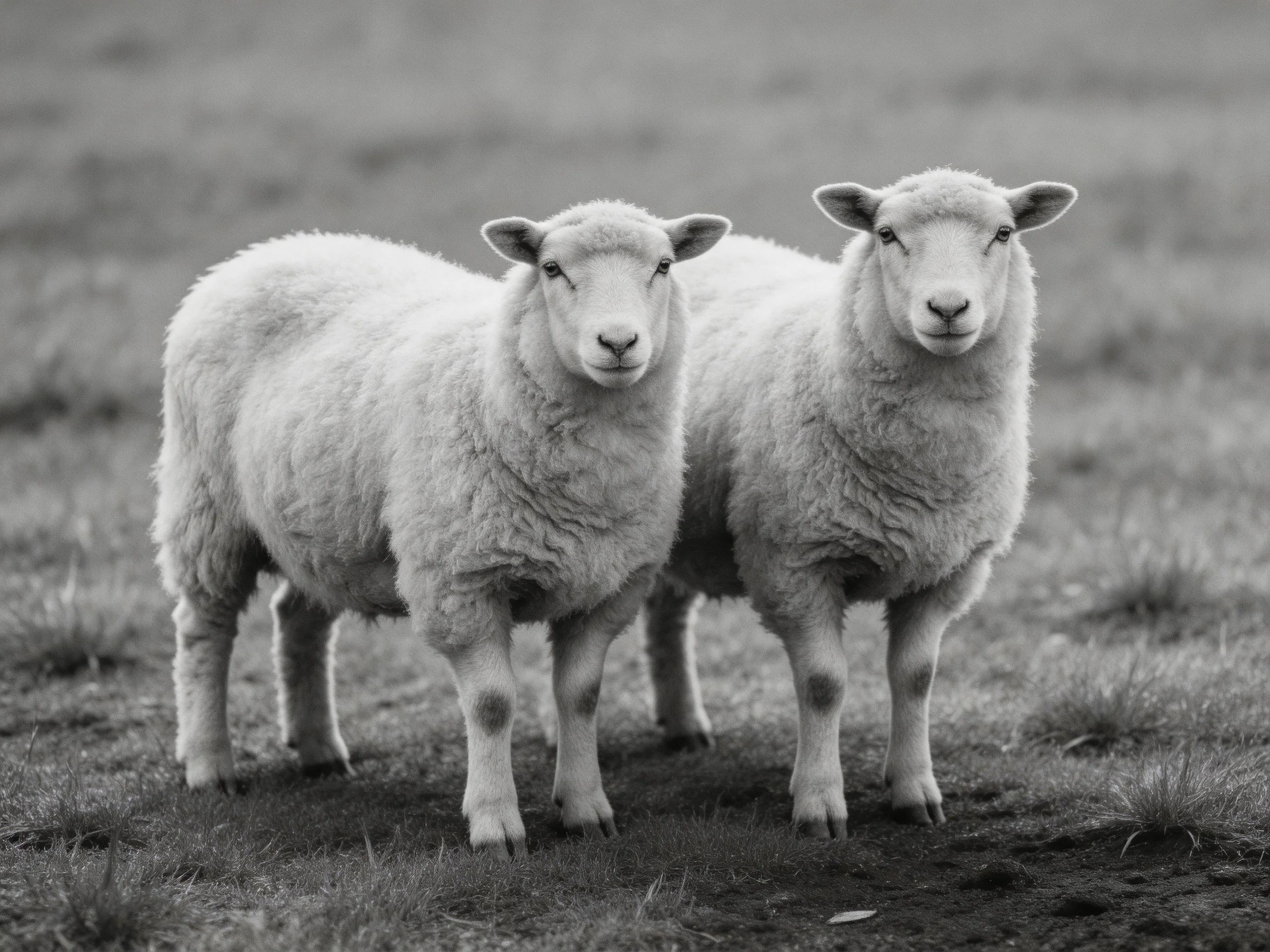 Two sheep with thick wool coats stand side by side in an open field