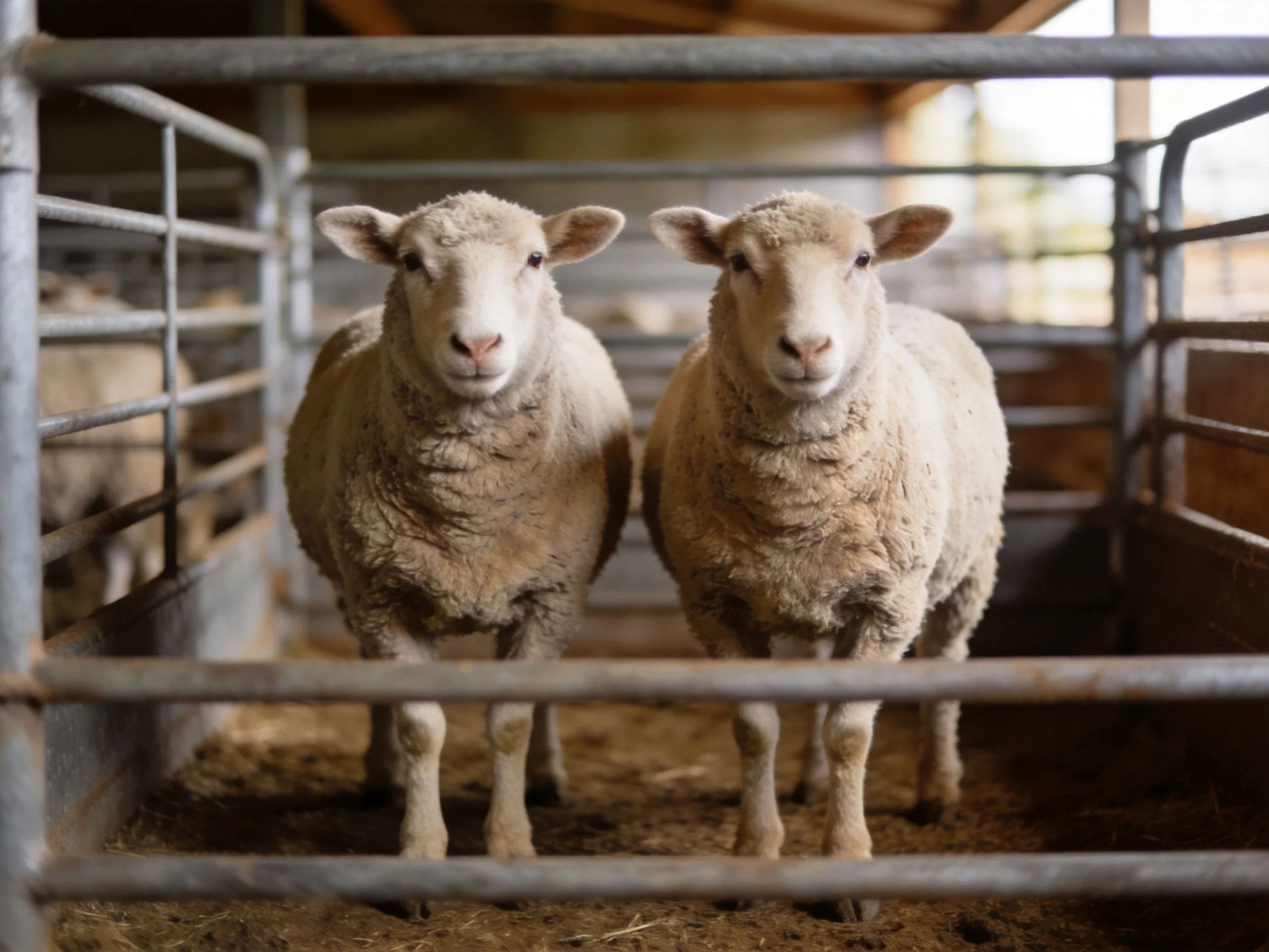 Two sheep with thick wool in a metallivestock enclosure