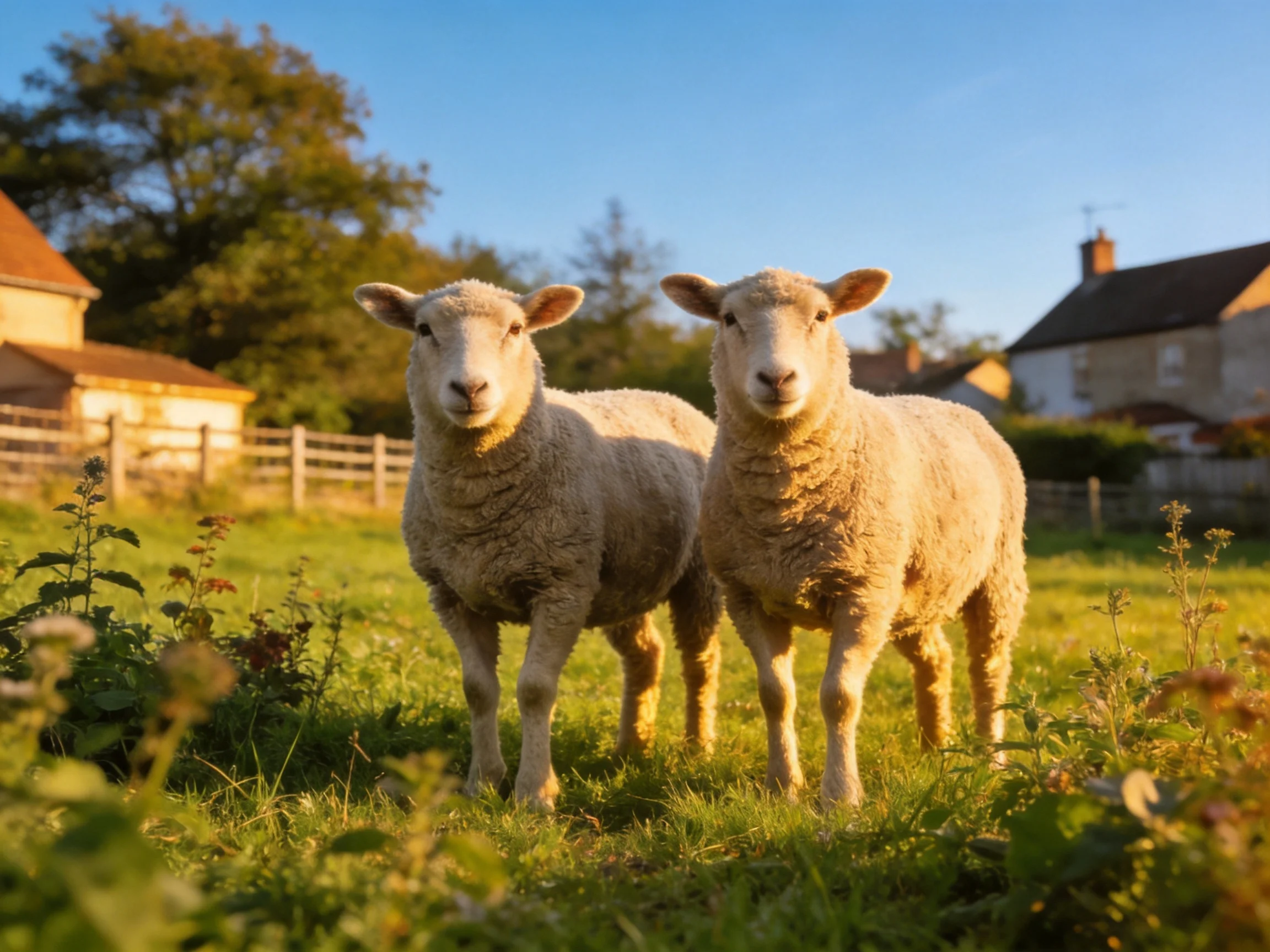 Two sheep with thick wool in a sunlit green pasture near farmhouses