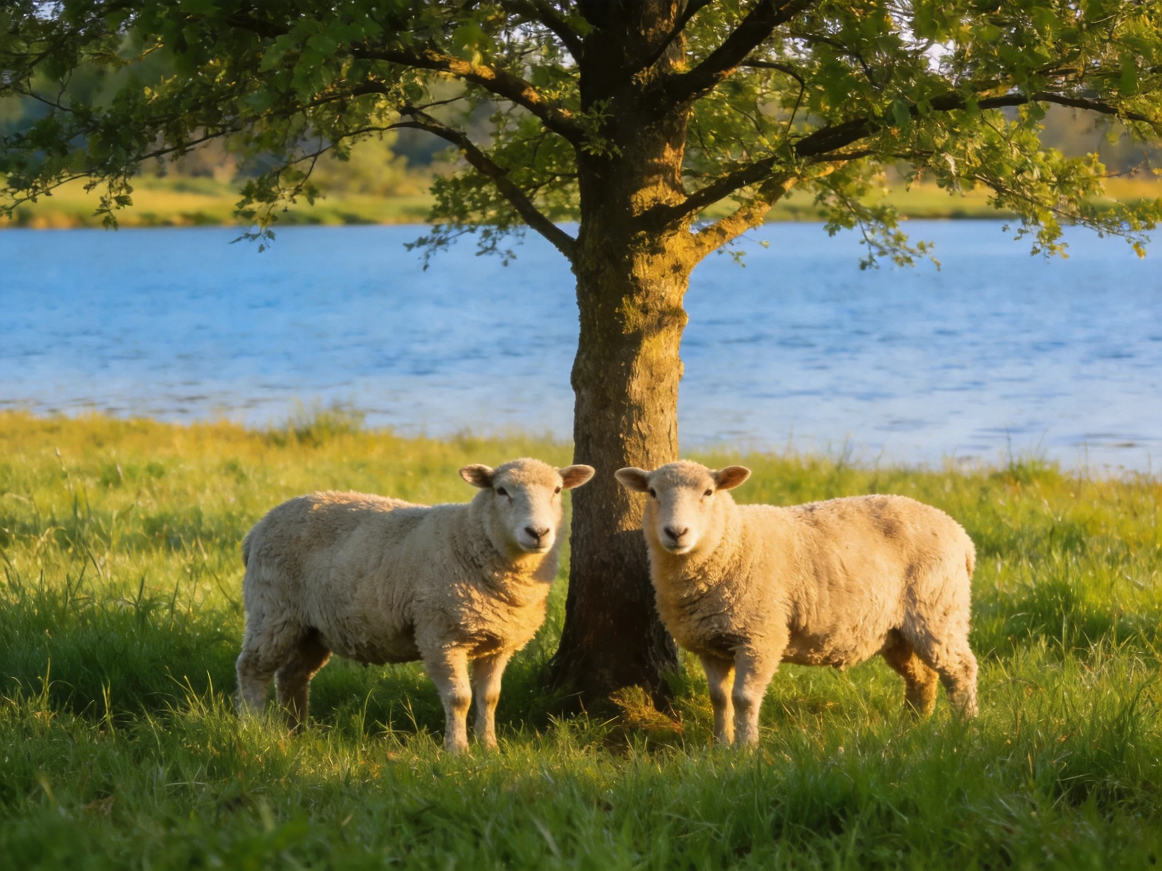 Two sheep with thick wool near a tree by a blue lake