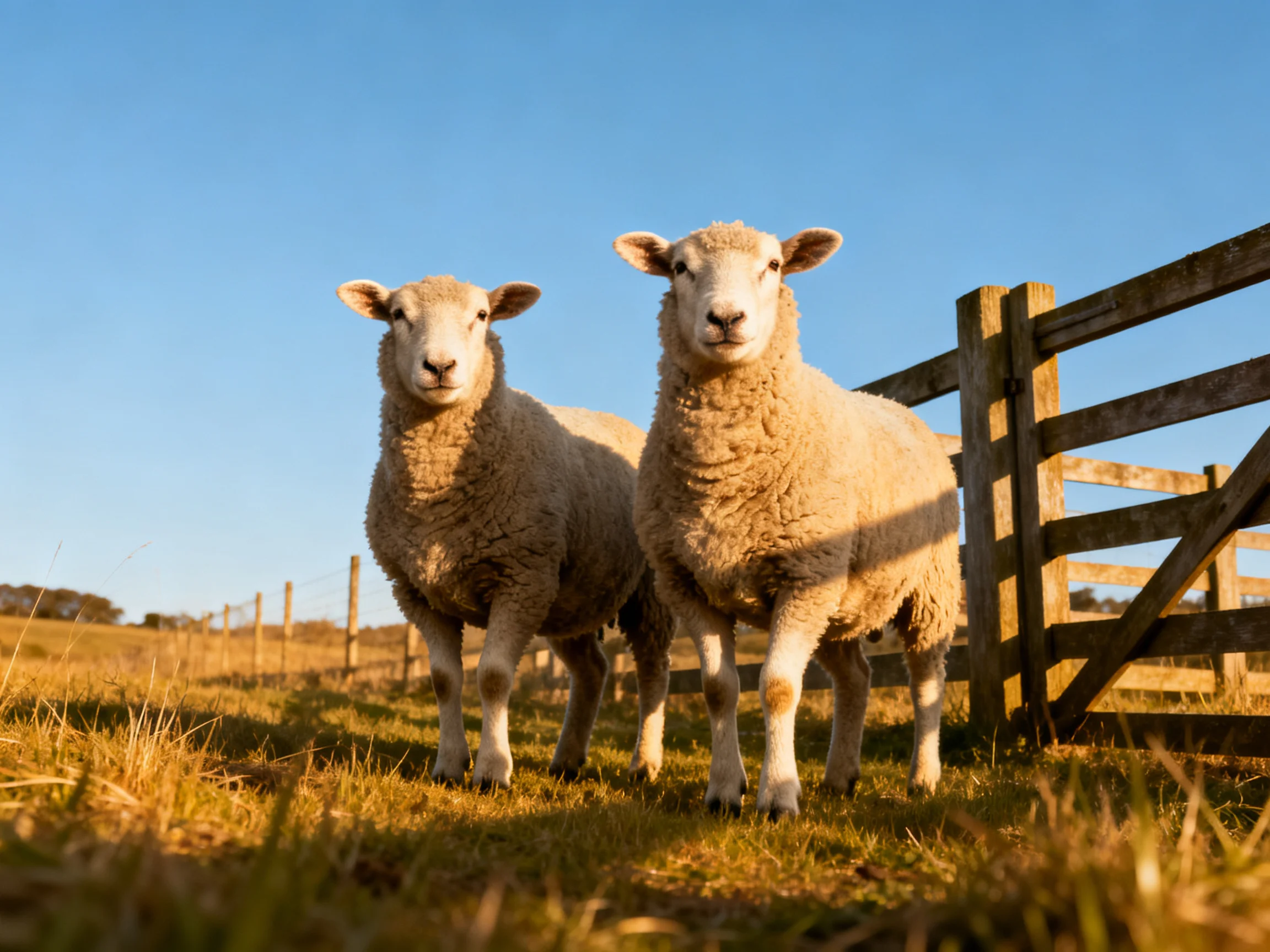Two sheep with thick wool stand beside a wooden fence under blue sky