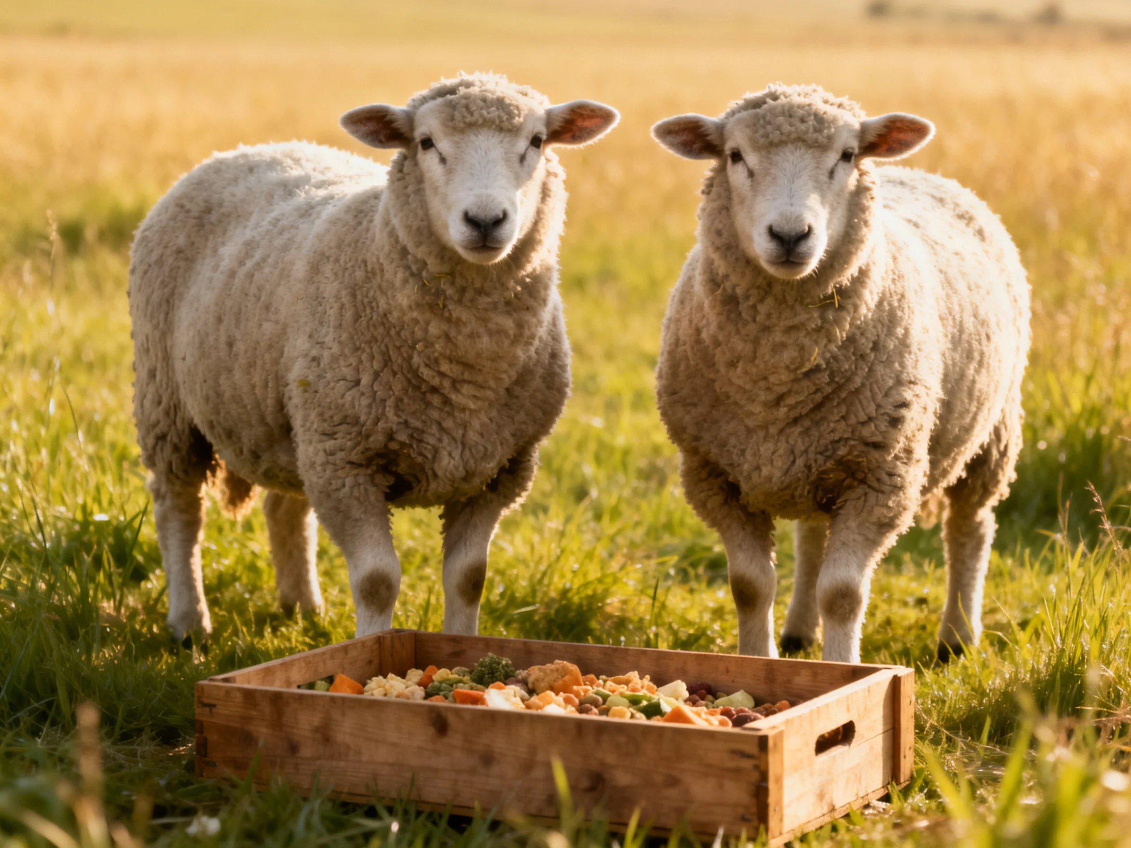 Two sheep with thick wool stand beside a wooden tray of mixed feed in a sunlit field