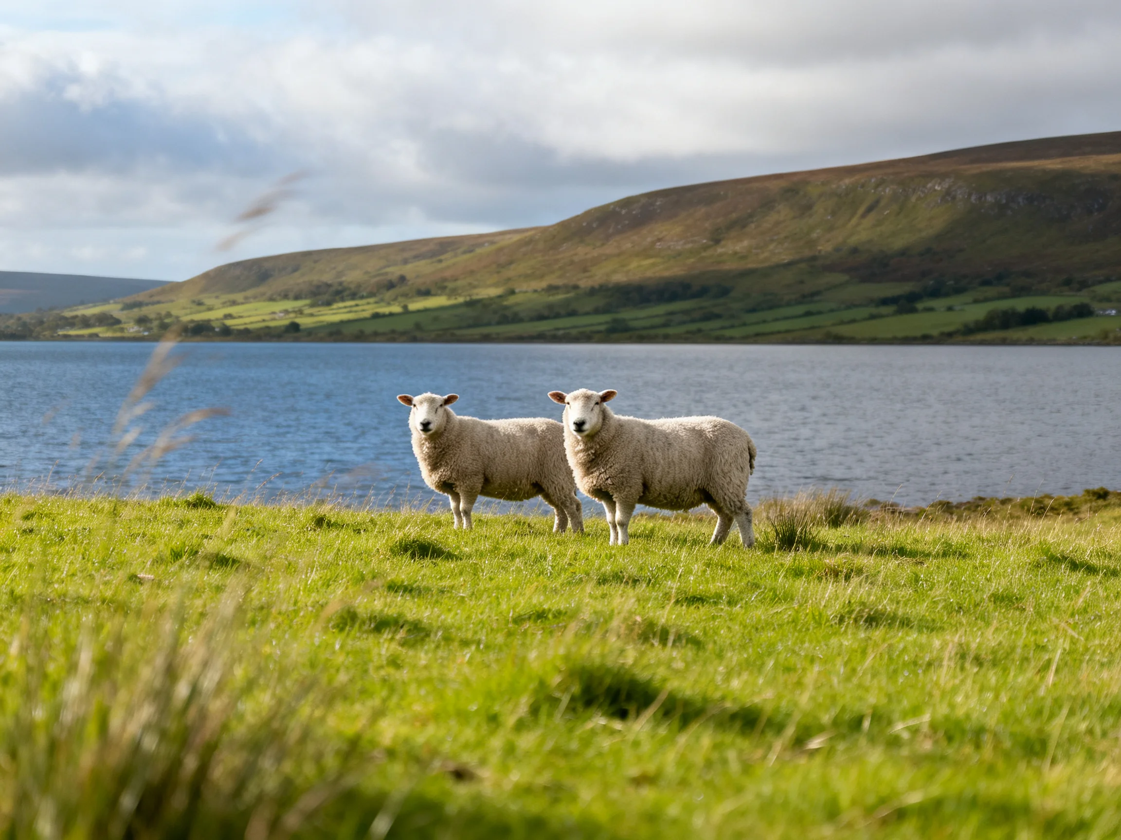 Two sheep with thick wool stand by a calm blue lake near green hills