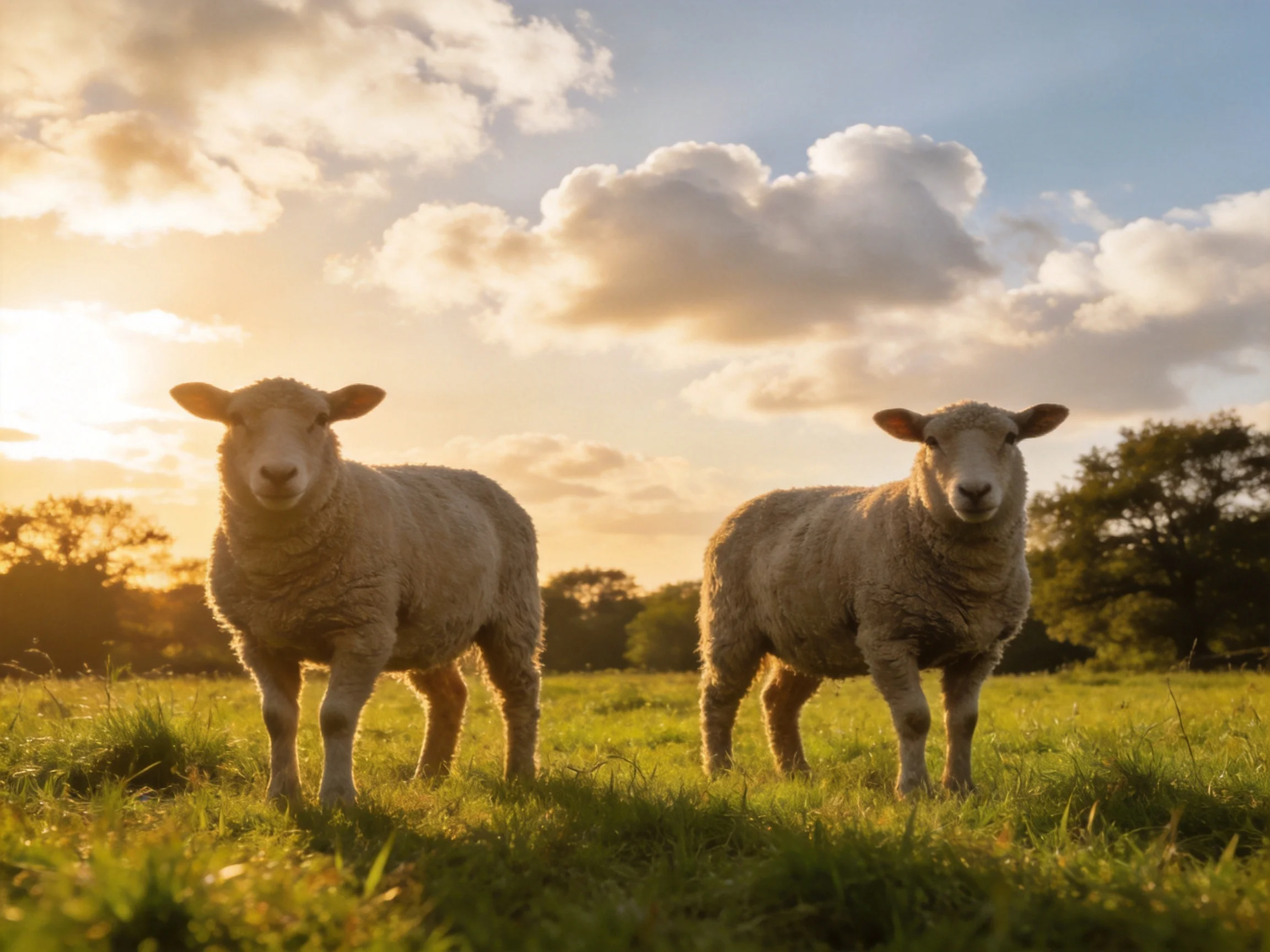 Two sheep with thick wool stand in a green meadow under golden sunset skies