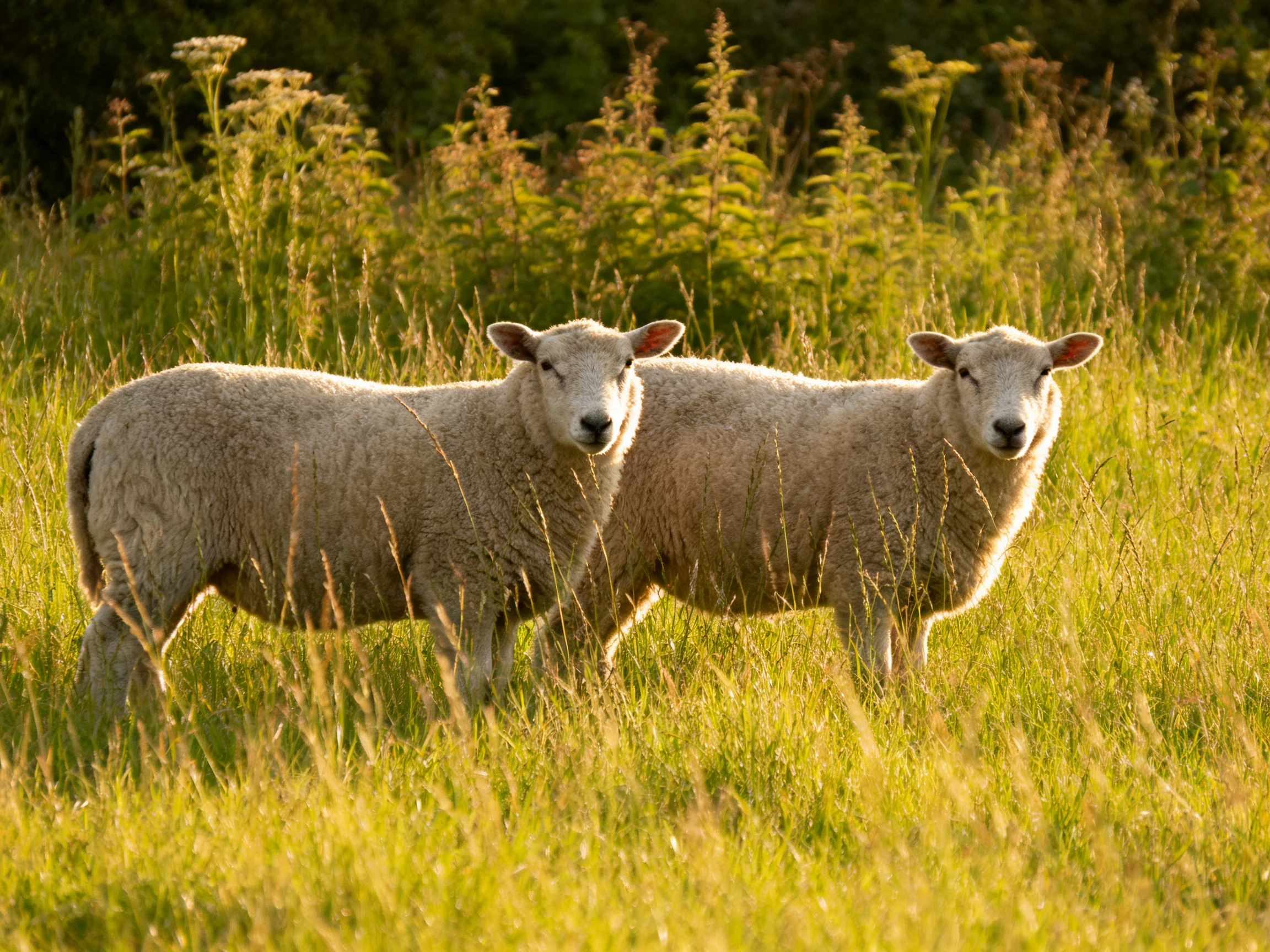 Two sheep with thick wool stand in a sunlit grassy field