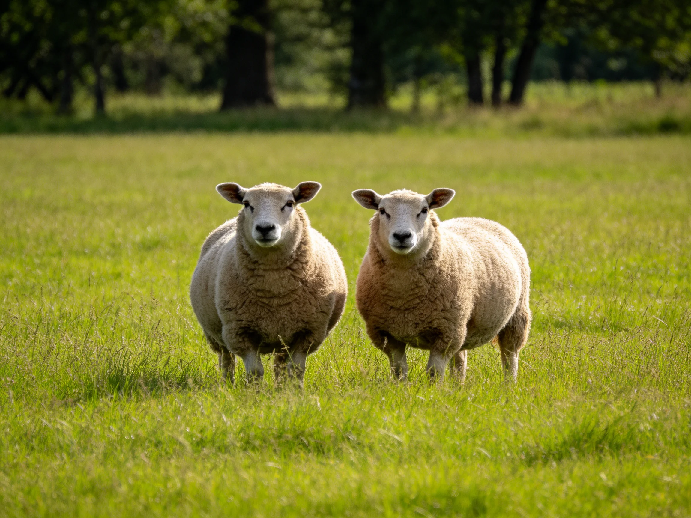 Two sheep with thick wool stand in a sunlit green meadow