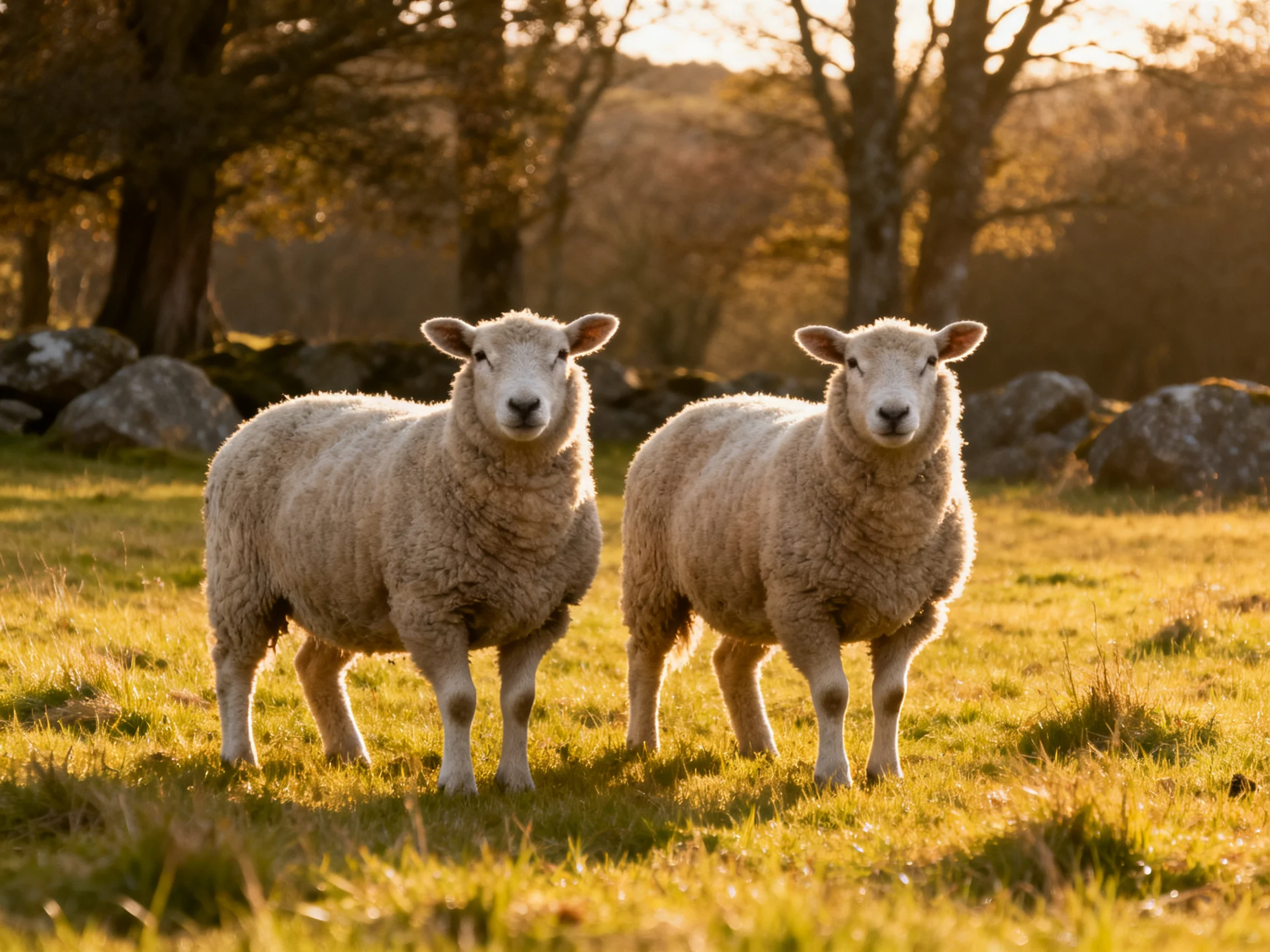 Two sheep with thick wool stand in a sunlit meadow near trees