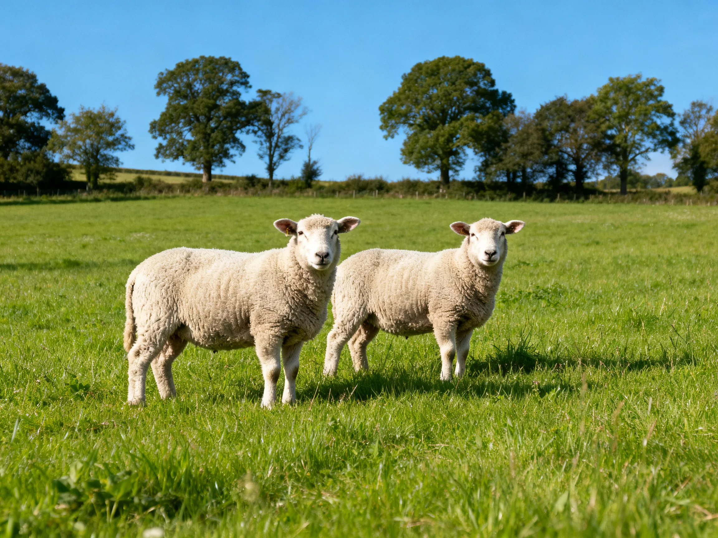 Two sheep with thick wool stand in a sunny green meadow with trees.