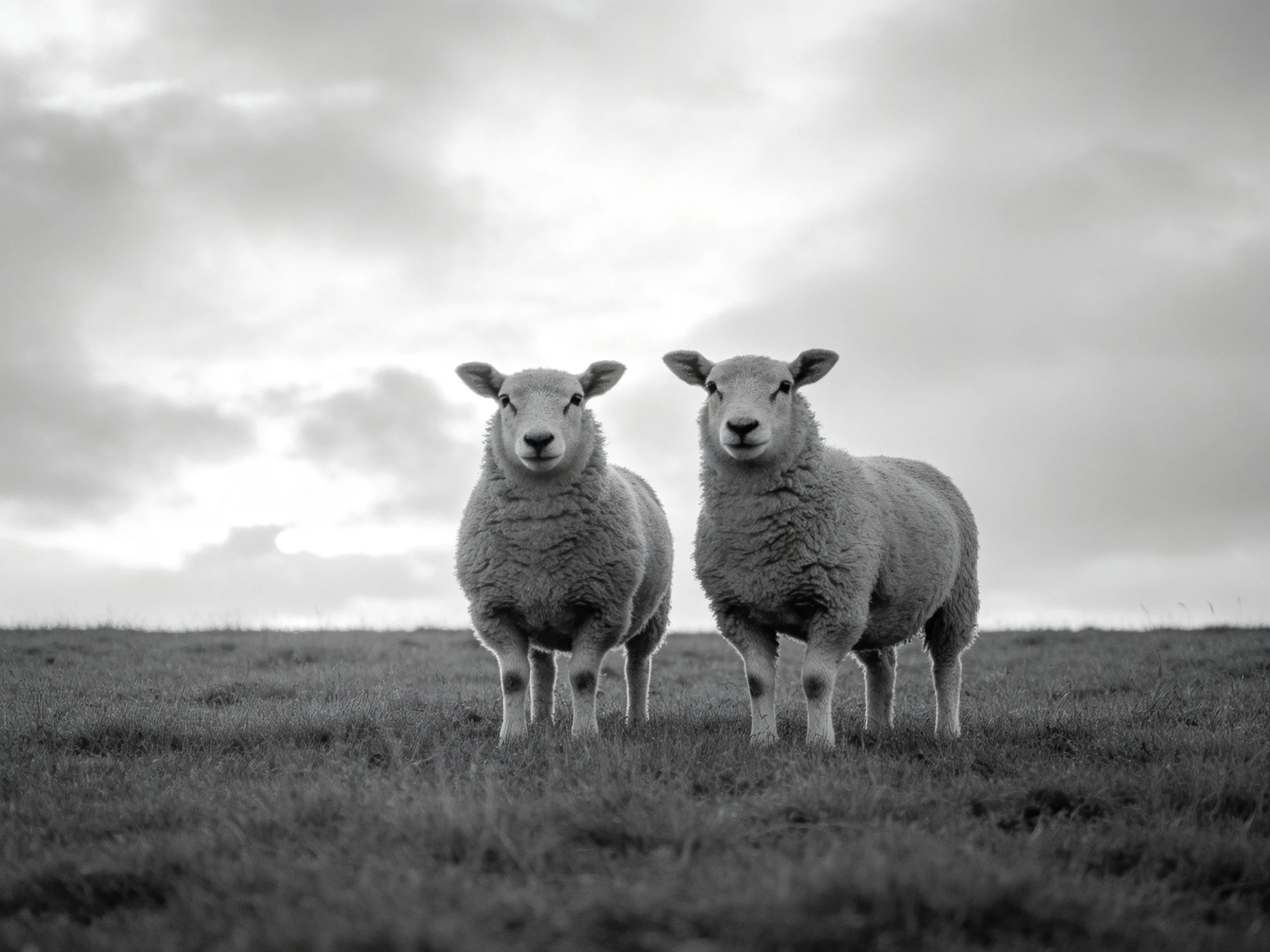 Two sheep with thick wool stand in an open field under cloudy skies
