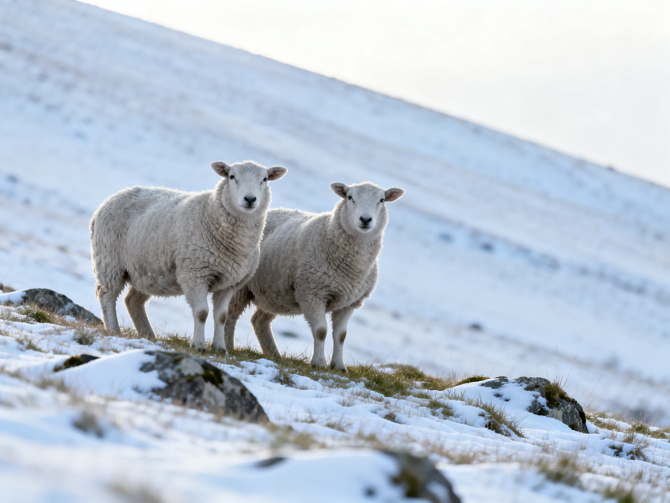 Two sheep with thick wool stand on a snow-dusted hillside with rocky terrain