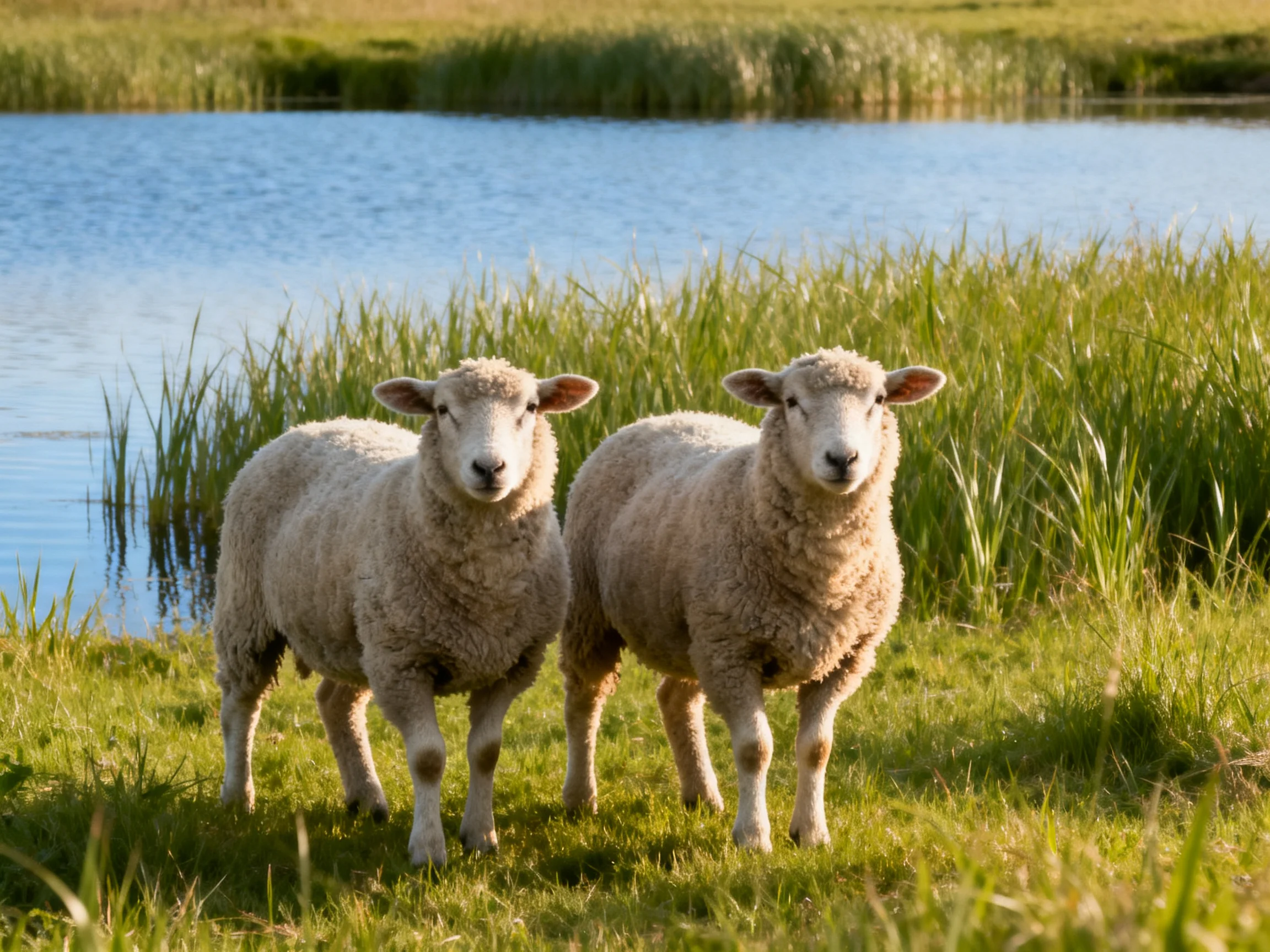 Two sheep with thick wool stand on green grass by a blue pond