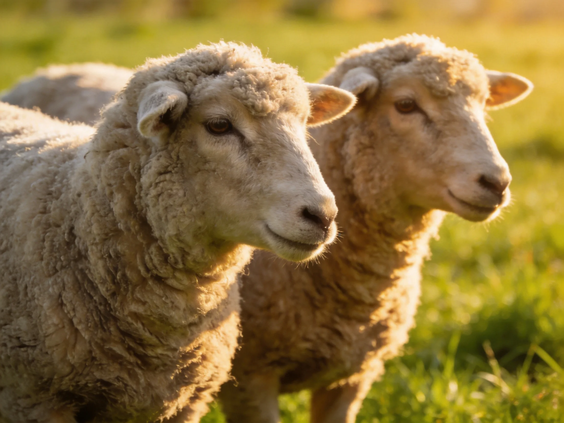 Two sheep with thick woolly coats in a sunlit green pasture