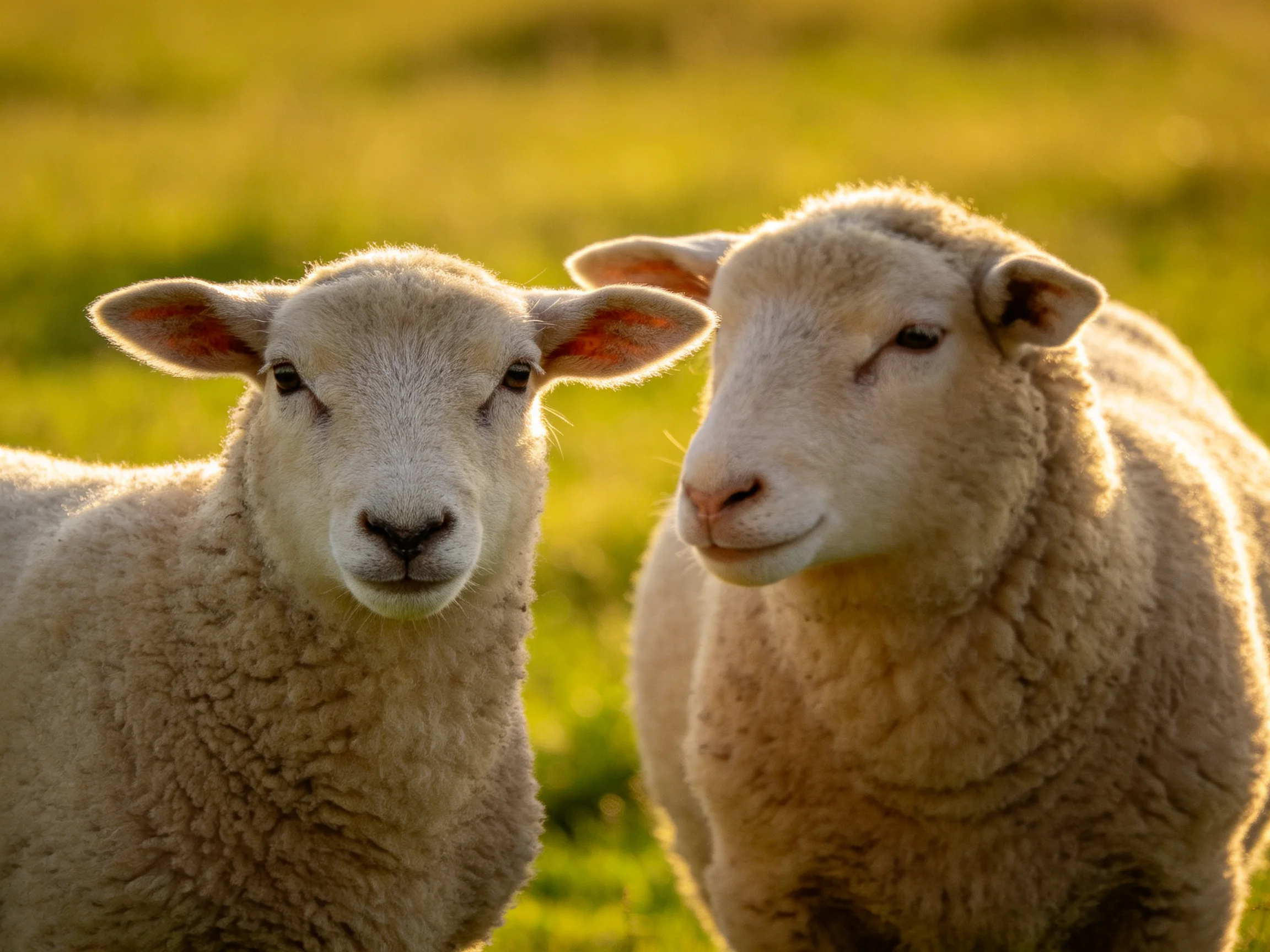 Two sheep with woolly coats in a sun-drenched meadow
