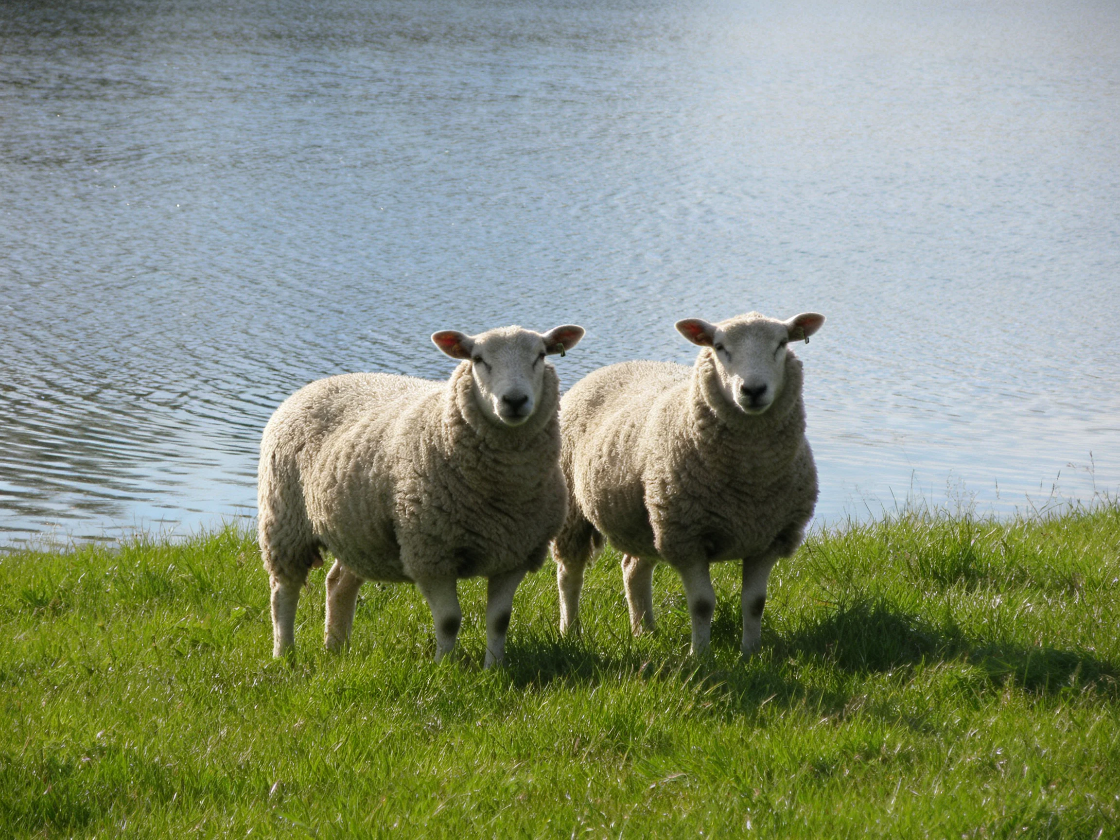 Two sheep with woolly coats stand on green grass by calm water