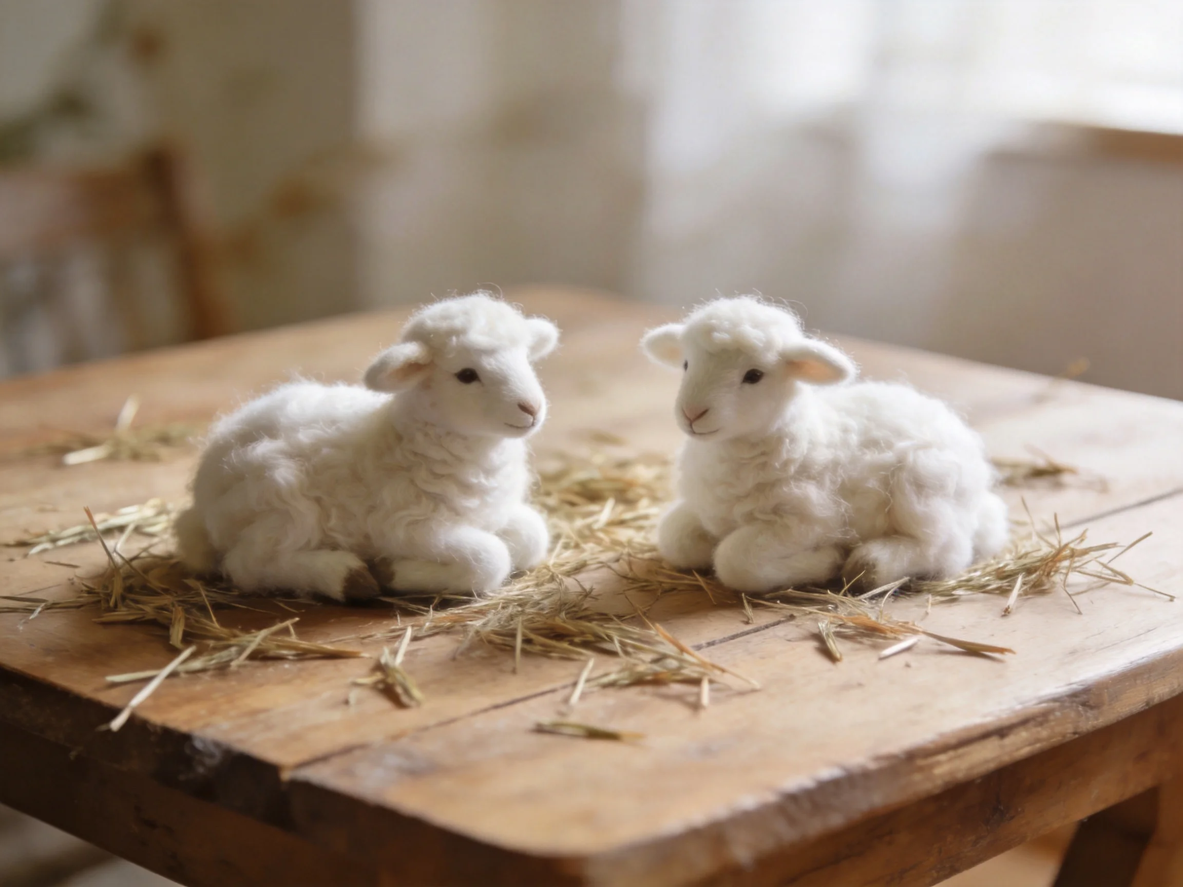 Two small white lamb figurines rest on a wooden table with scattered hay
