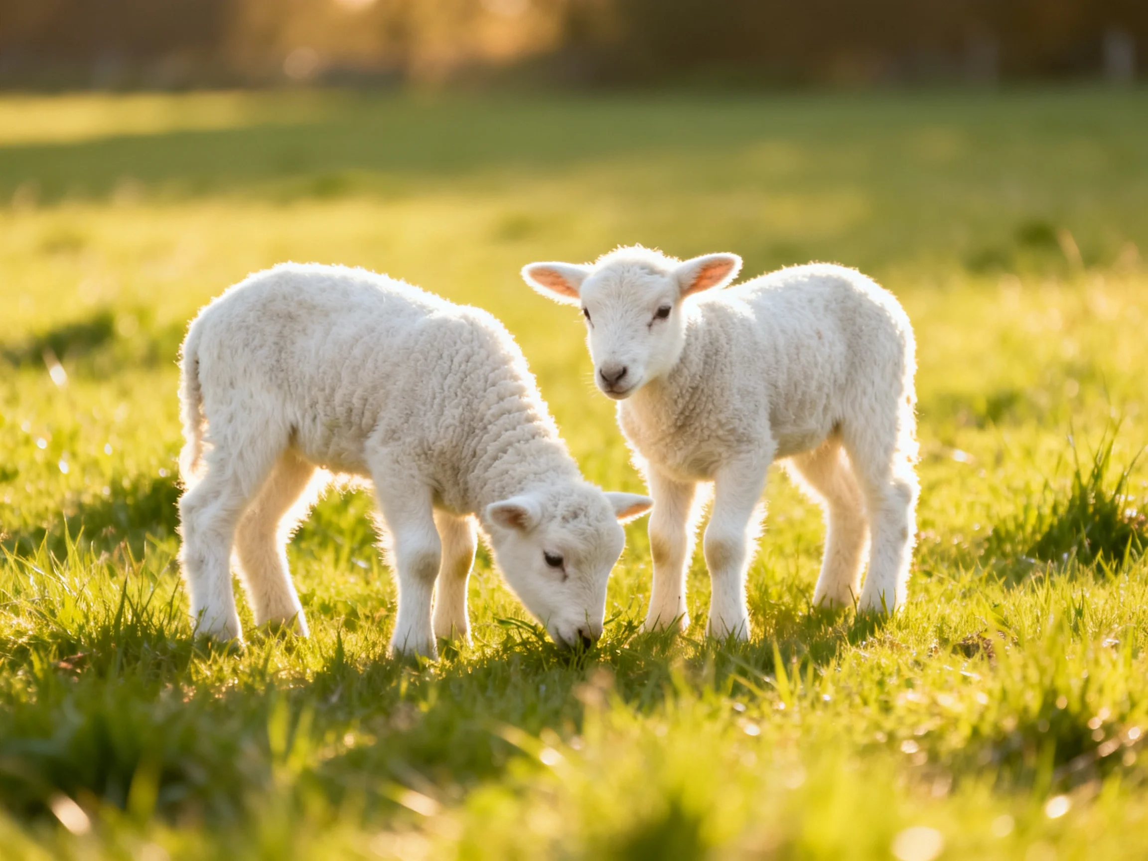 Two small white lambs grazing in a sun-drenched green field