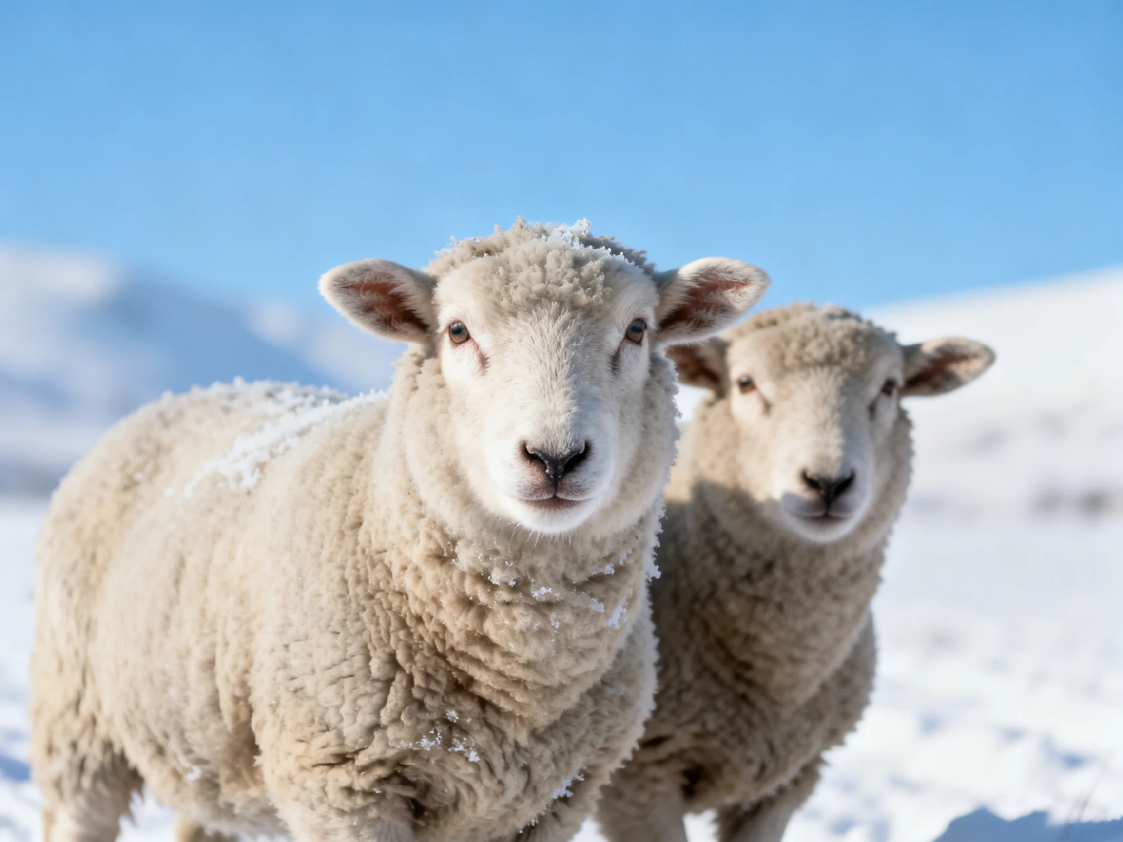 Two snow-dusted lambs stand in a bright winter field