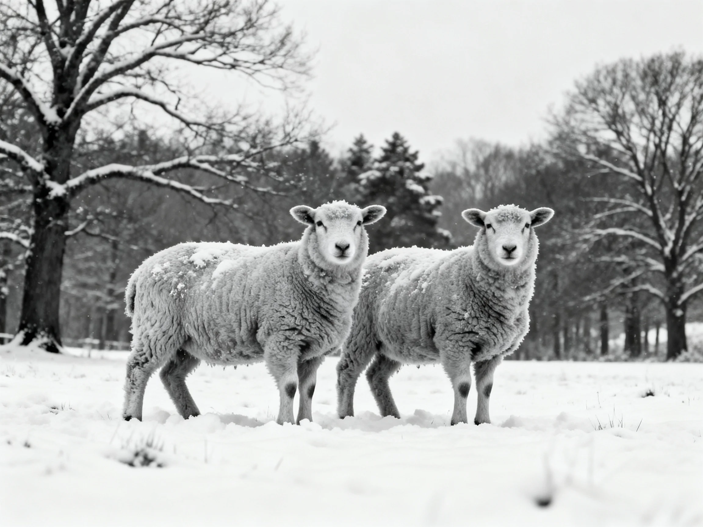 Two snow-dusted sheep stand in a wintry forest clearing