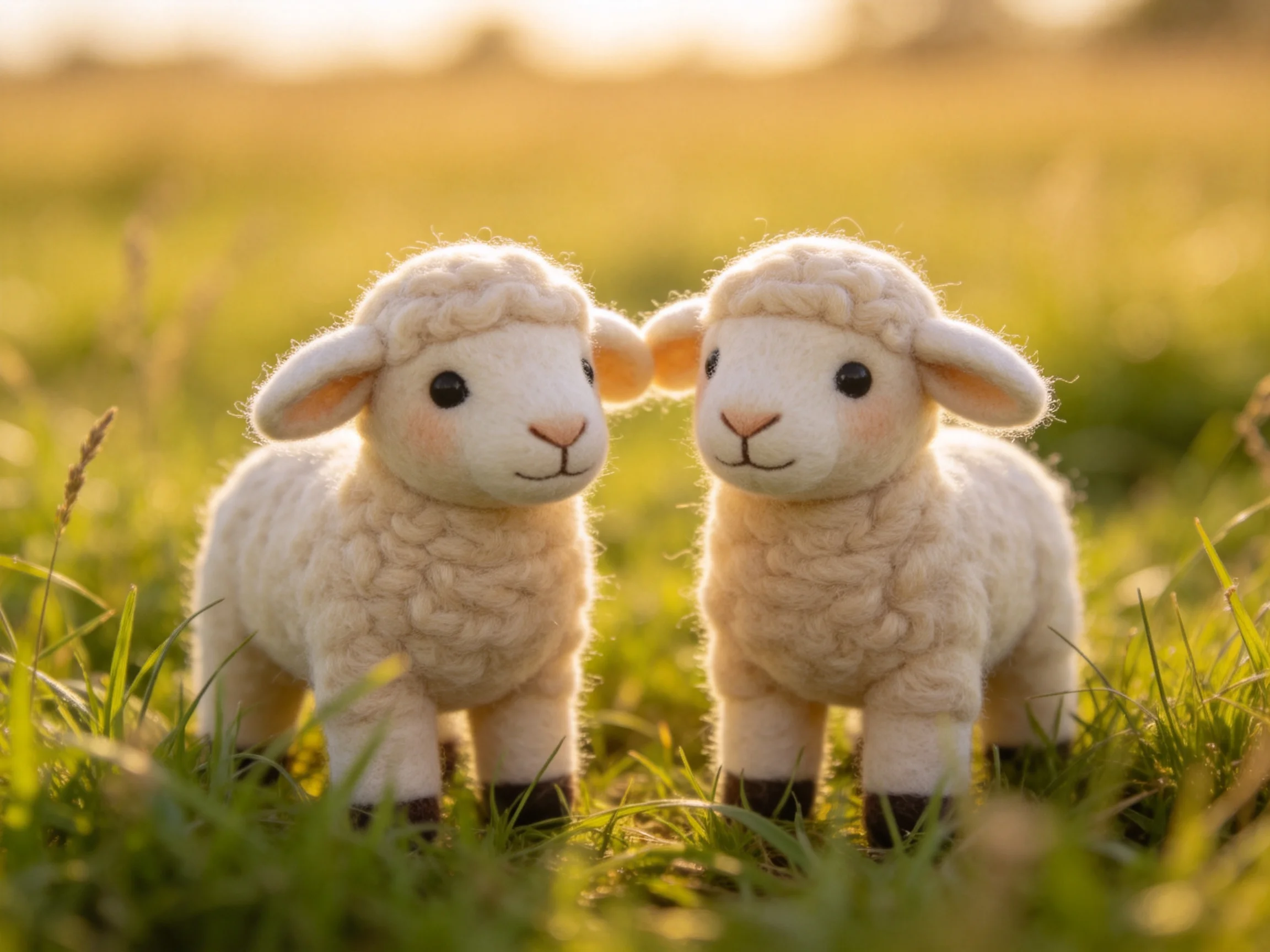 Two soft white felt lambs in a sunlit meadow